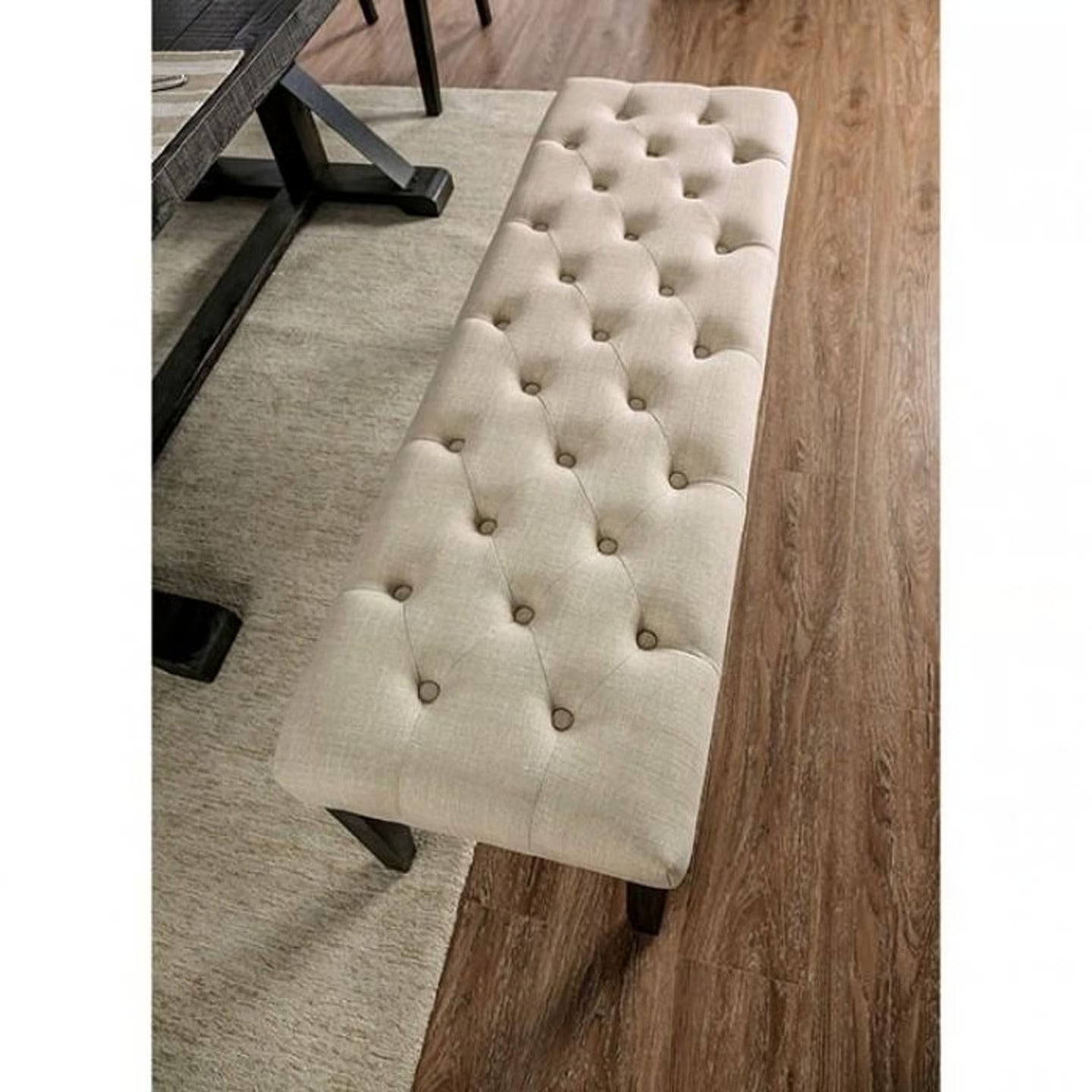 Classic Ivory 1Pc Bench Button Tufted Linen Like Fabric Solid Wood Chair Upholstered Seat Breakfast Rustic Dining Room Furniture Ivory Dining Room Contemporary,Rustic Solid Wood