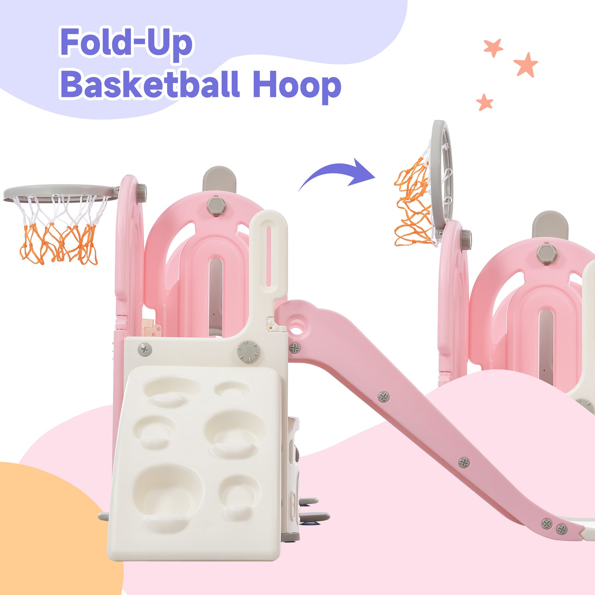 Toddler Slide And Swing Set 5 In 1, Kids Playground Climber Slide Playset With Basketball Hoop Freestanding Combination For Babies Indoor & Outdoor Pink Hdpe