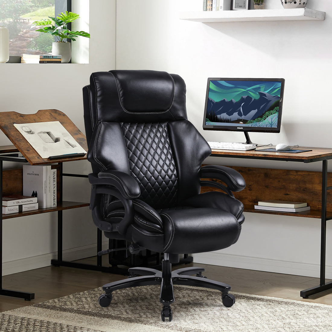 Office Chair.Heavy And Tall Adjustable Executive Big And Tall Office Chair Black Foam Pu