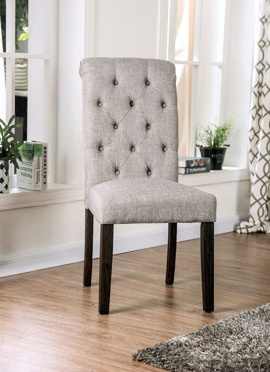 Classic Antique Black Light Gray Set Of 2 Side Chairs Button Tufted Linen Like Fabric Solid Wood Chair Upholstered Scroll Back Kitchen Rustic Dining Room Furniture Light Gray Dining Room Contemporary,Rustic Side Chair Tufted Back Solid Wood