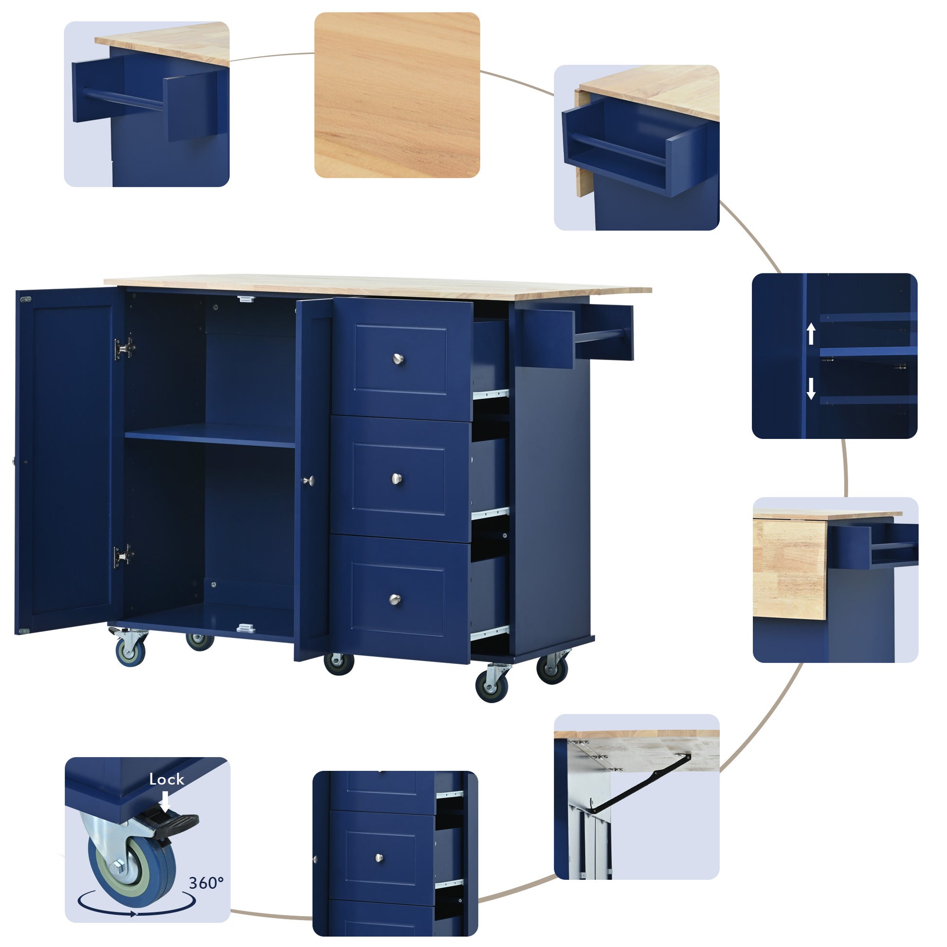 Rolling Mobile Kitchen Island With Drop Leaf Solid Wood Top, Locking Wheels & Storage Cabinet 52.7 Inch Width Dark Blue Blue Mdf