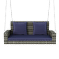 2 Person Wicker Hanging Porch Swing With Chains, Cushion, Pillow, Rattan Swing Bench For Garden, Backyard, Pond. Gray Wicker, Blue Cushion Blue Gray Wicker