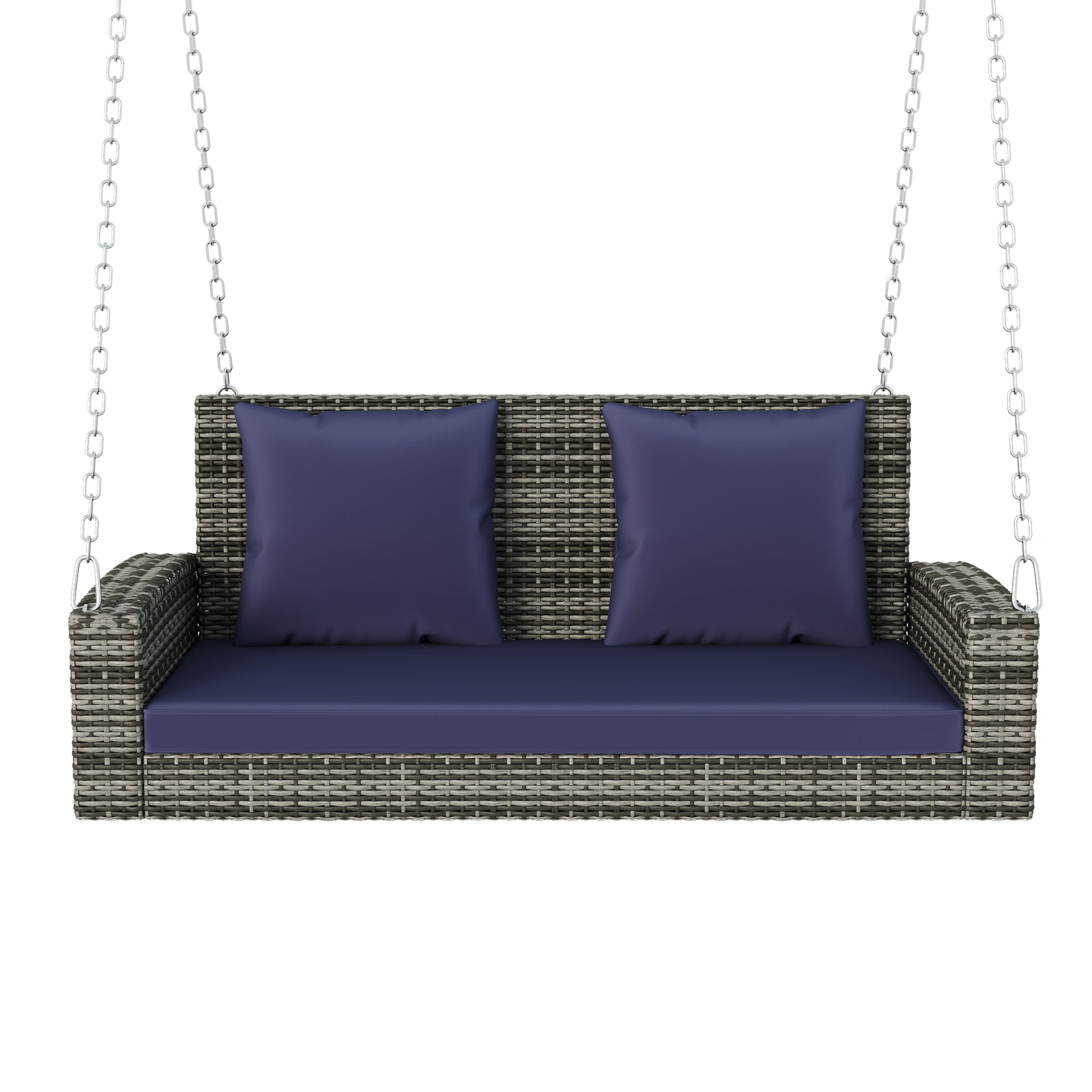 2 Person Wicker Hanging Porch Swing With Chains, Cushion, Pillow, Rattan Swing Bench For Garden, Backyard, Pond. Gray Wicker, Blue Cushion Blue Gray Wicker