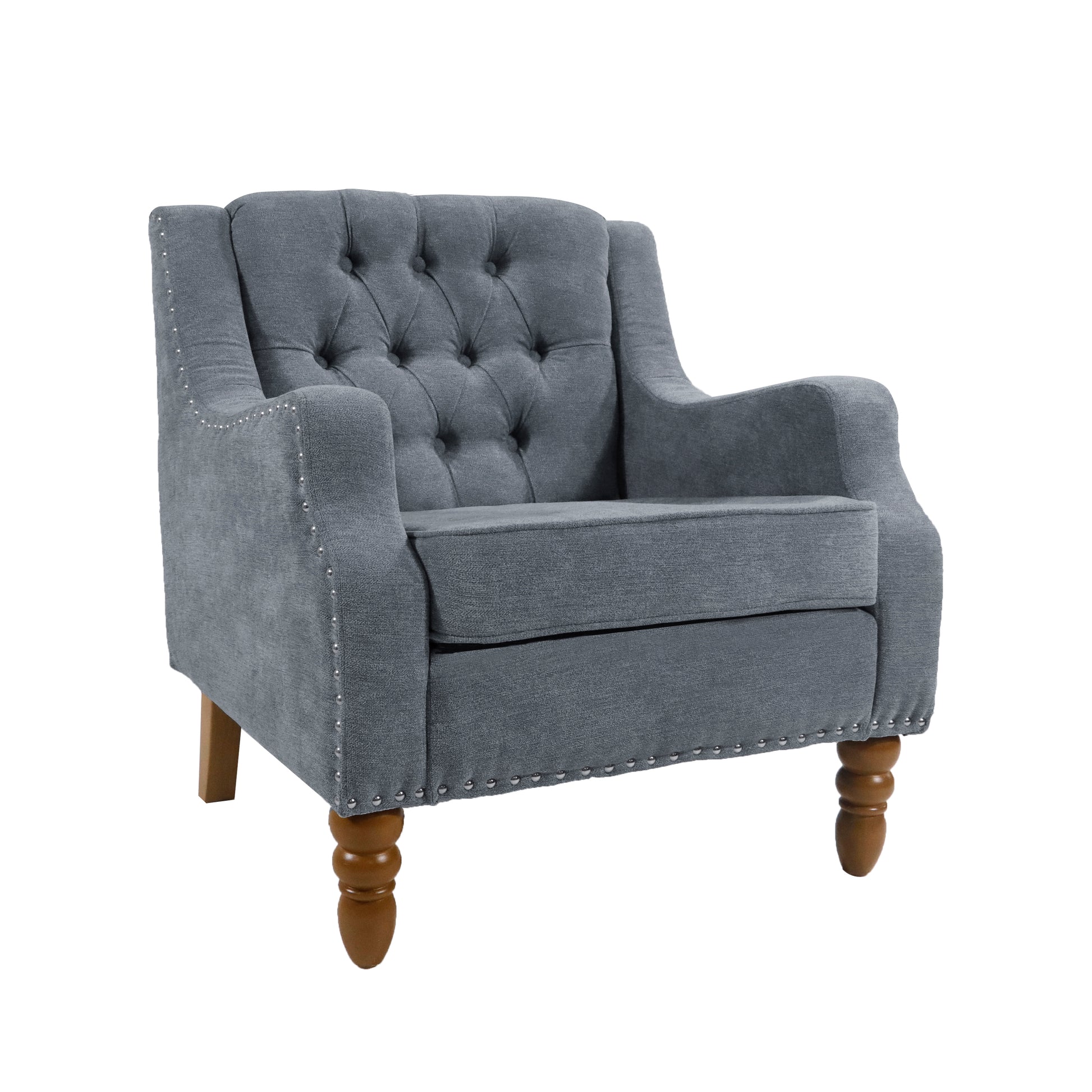 Grey Accent Chair, Living Room Chair, Footrest Chair Set With Vintage Brass Studs, Button Tufted Upholstered Armchair For Living Room, Comfy Reading Chair For Bedroom, Reception Room Grey Linen