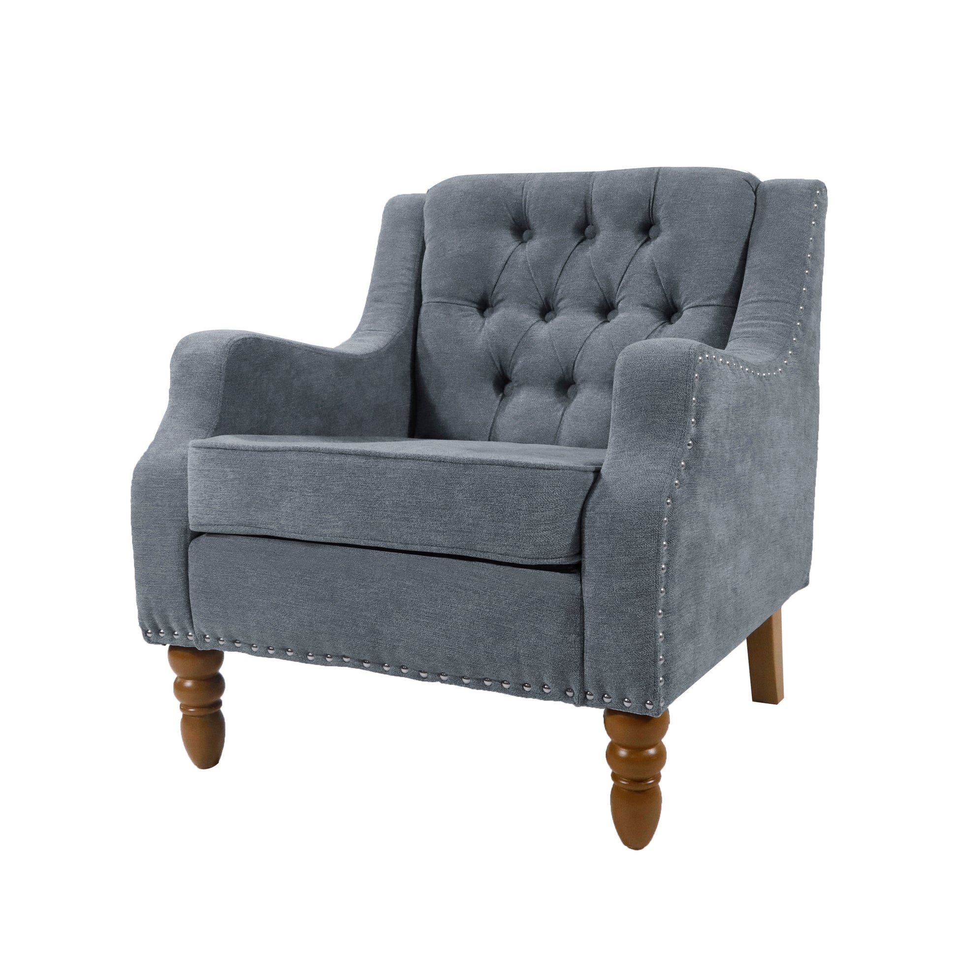 Grey Accent Chair, Living Room Chair, Footrest Chair Set With Vintage Brass Studs, Button Tufted Upholstered Armchair For Living Room, Comfy Reading Chair For Bedroom, Reception Room Grey Linen