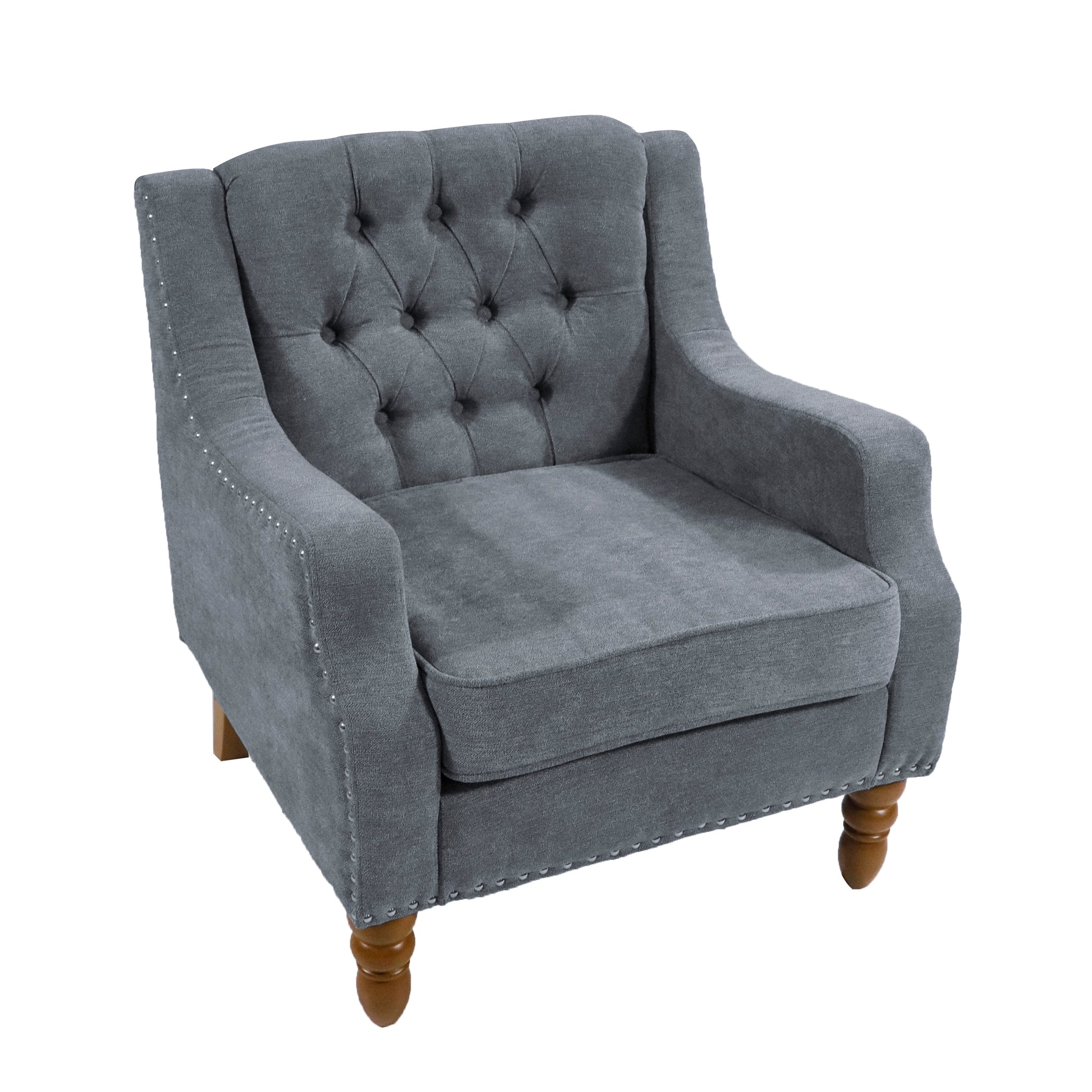 Grey Accent Chair, Living Room Chair, Footrest Chair Set With Vintage Brass Studs, Button Tufted Upholstered Armchair For Living Room, Comfy Reading Chair For Bedroom, Reception Room Grey Linen
