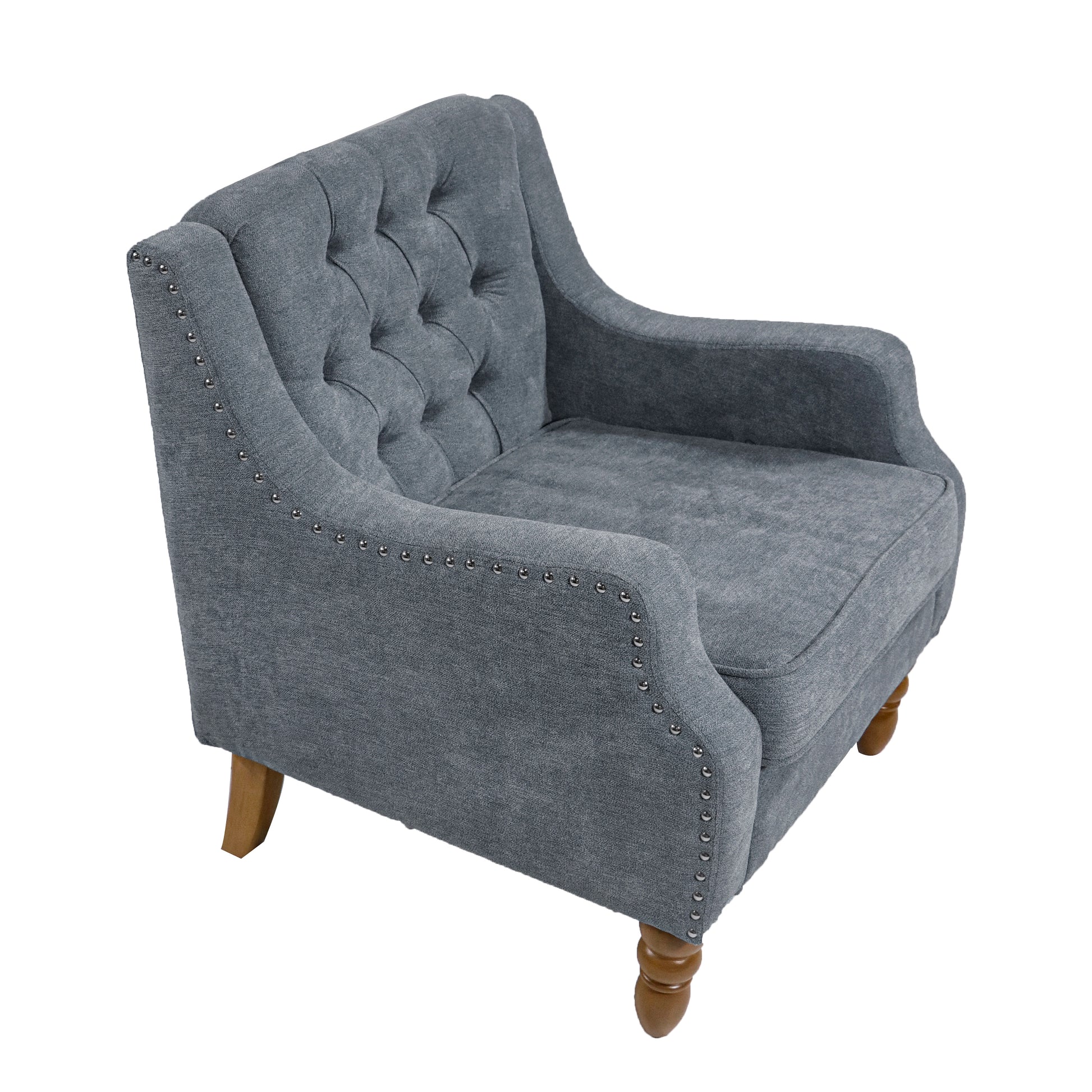 Grey Accent Chair, Living Room Chair, Footrest Chair Set With Vintage Brass Studs, Button Tufted Upholstered Armchair For Living Room, Comfy Reading Chair For Bedroom, Reception Room Grey Linen
