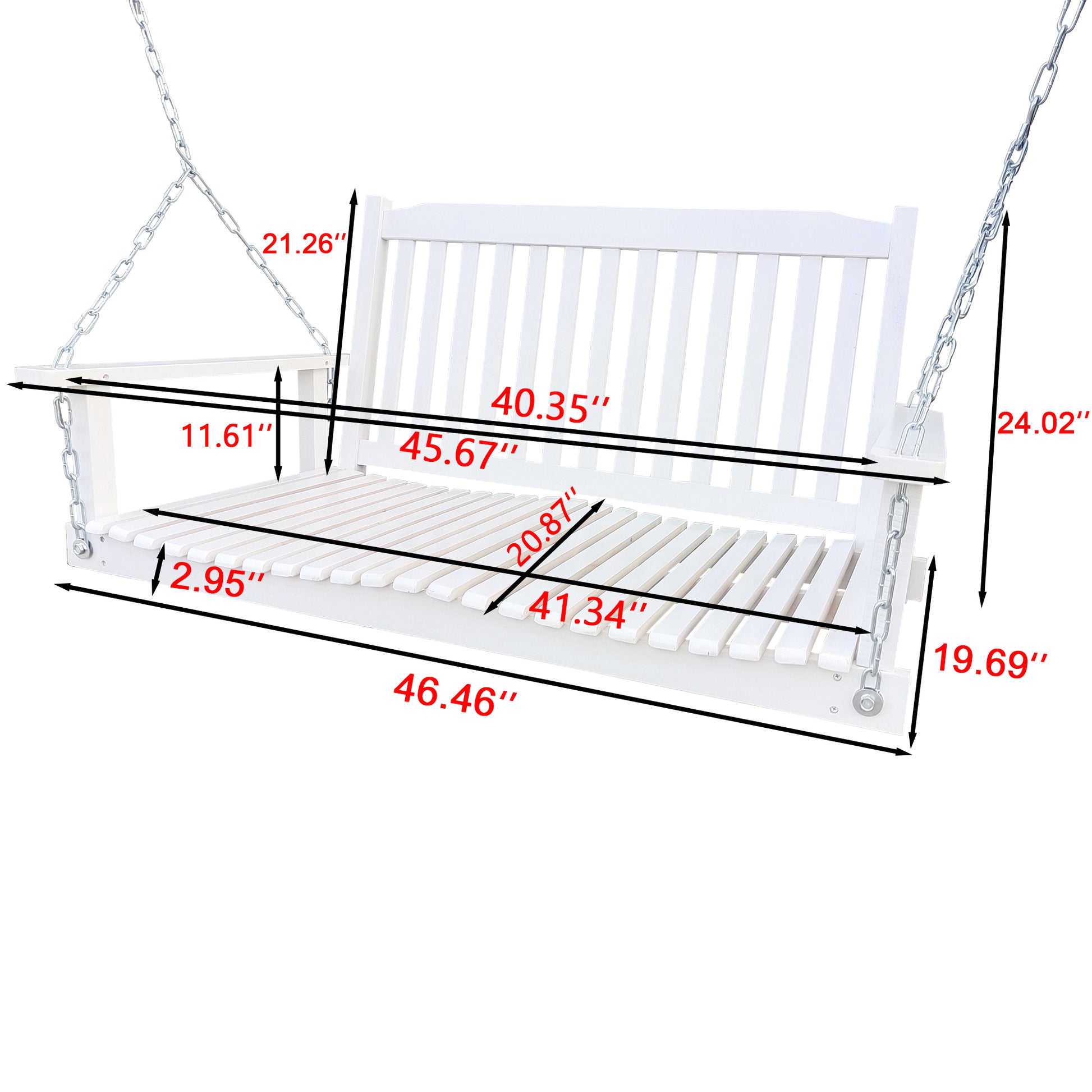 Front Porch Swing With Armrests, Wood Bench Swing With Hanging Chains,For Outdoor Patio ,Garden Yard, Porch, Backyard, Or Sunroom,Easy To Assemble,White White Solid Wood