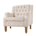 Beige Accent Chair, Living Room Chair, Footrest Chair Set With Vintage Brass Studs, Button Tufted Upholstered Armchair For Living Room, Comfy Reading Chair For Bedroom, Reception Room Beige Linen
