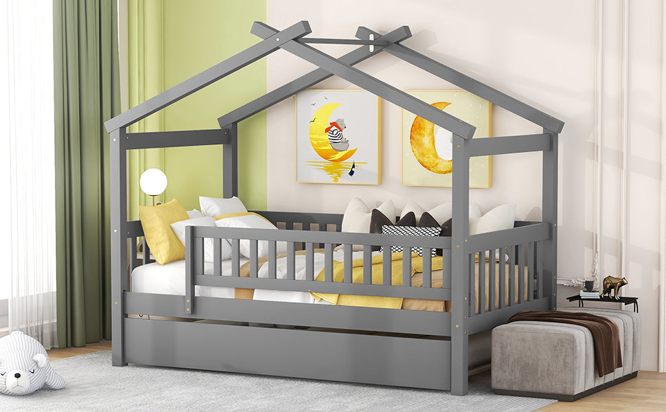 Twin Size Wooden House Bed With Twin Size Trundle, Gray Twin Gray Solid Wood Mdf