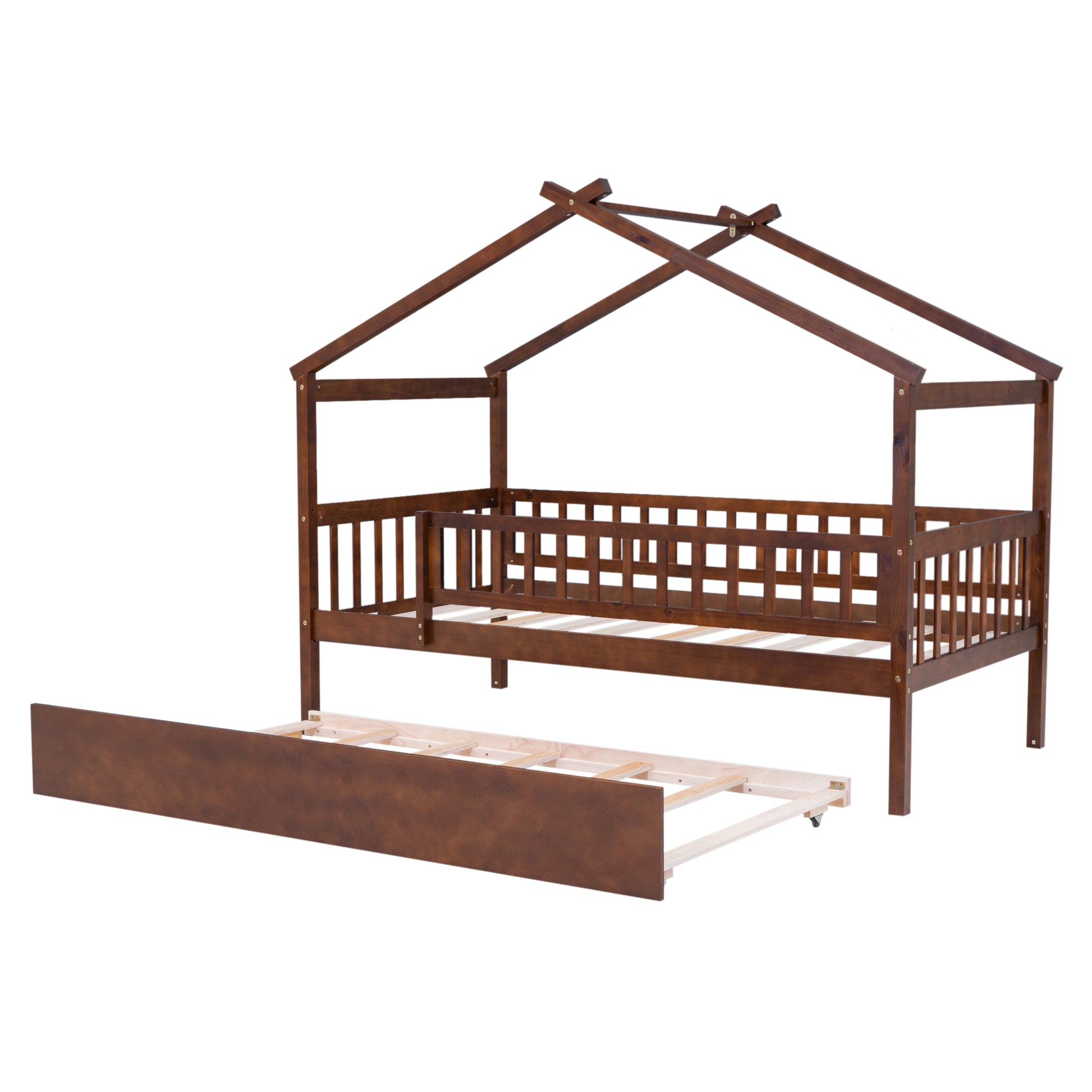 Twin Size Wooden House Bed With Twin Size Trundle, Walnut Twin Walnut Solid Wood Mdf