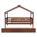 Twin Size Wooden House Bed With Twin Size Trundle, Walnut Twin Walnut Solid Wood Mdf