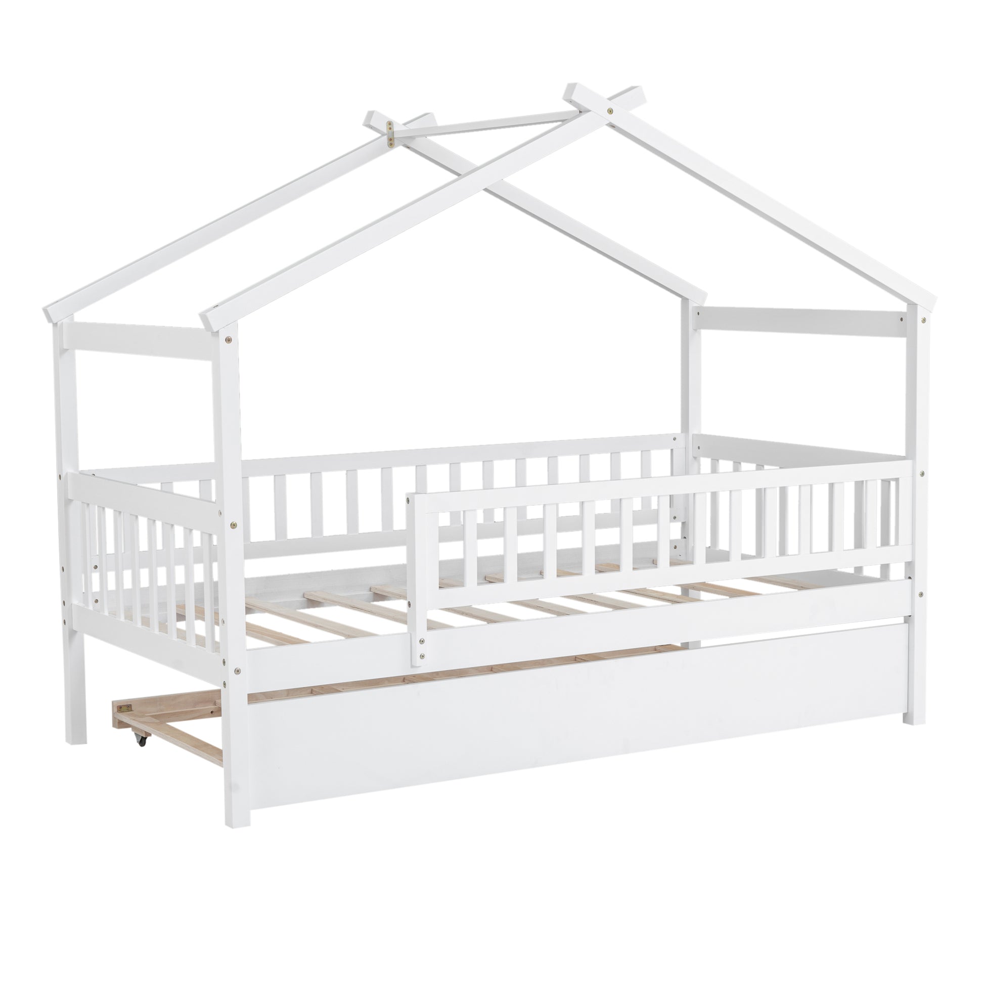 Twin Size Wooden House Bed With Twin Size Trundle, White Twin White Solid Wood Mdf