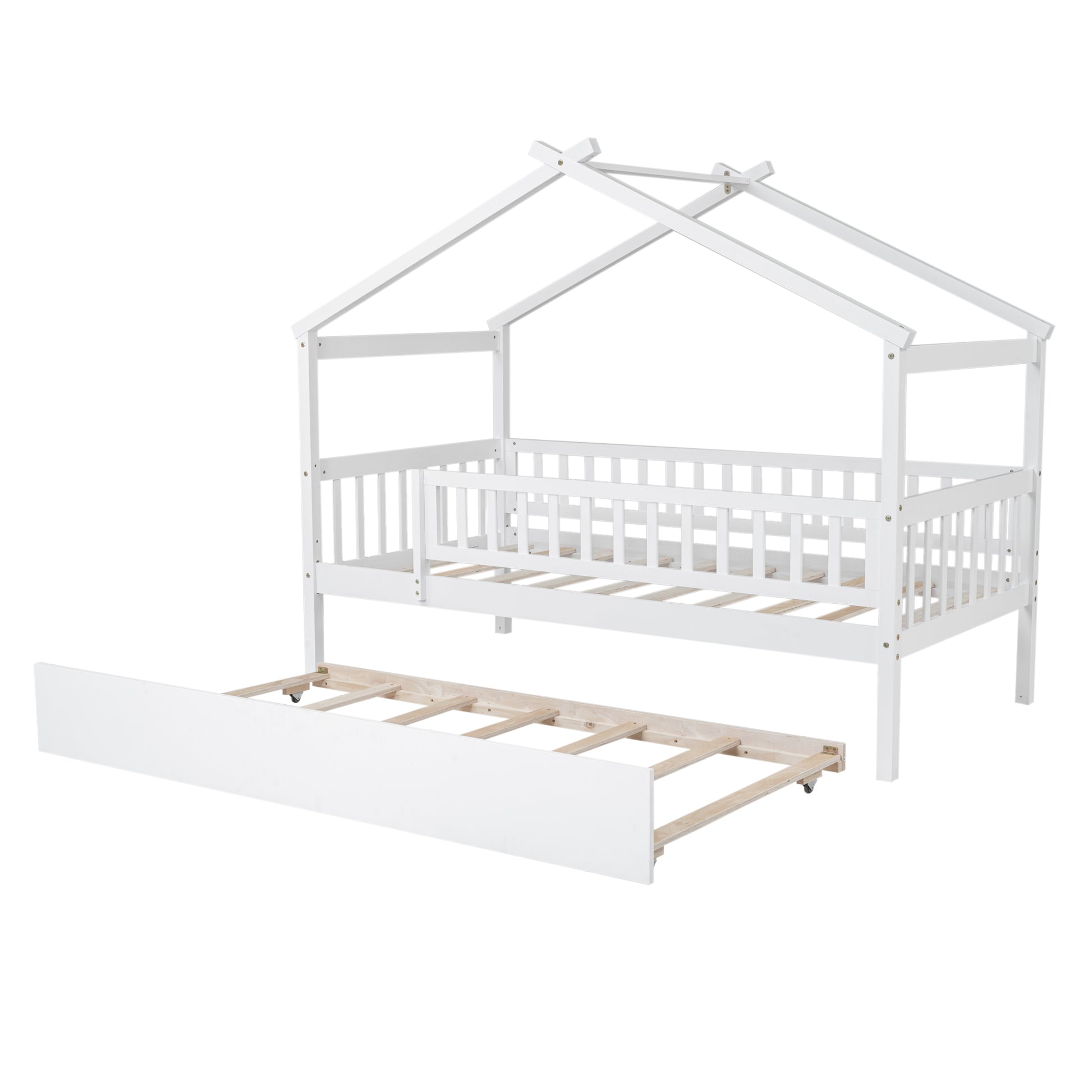 Twin Size Wooden House Bed With Twin Size Trundle, White Twin White Solid Wood Mdf