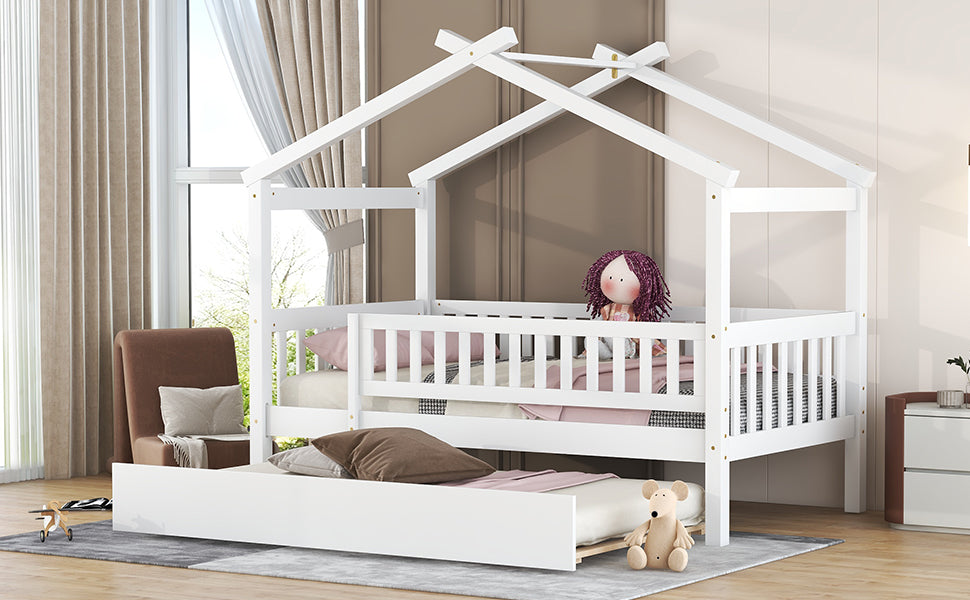 Twin Size Wooden House Bed With Twin Size Trundle, White Twin White Solid Wood Mdf