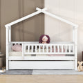 Twin Size Wooden House Bed With Twin Size Trundle, White Twin White Solid Wood Mdf