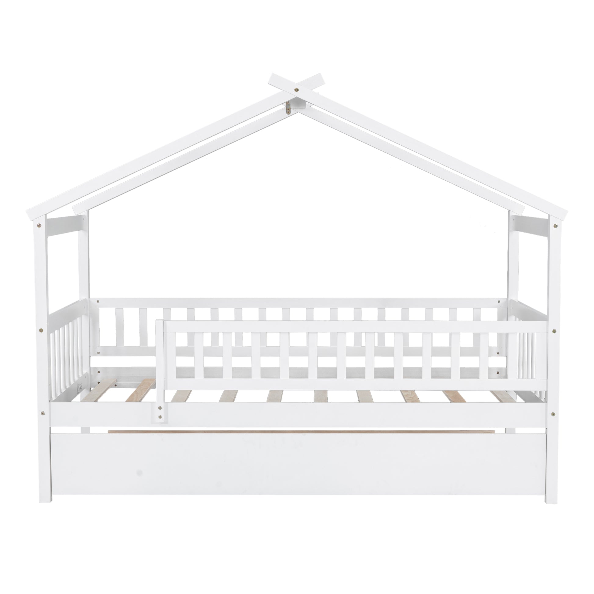 Twin Size Wooden House Bed With Twin Size Trundle, White Twin White Solid Wood Mdf