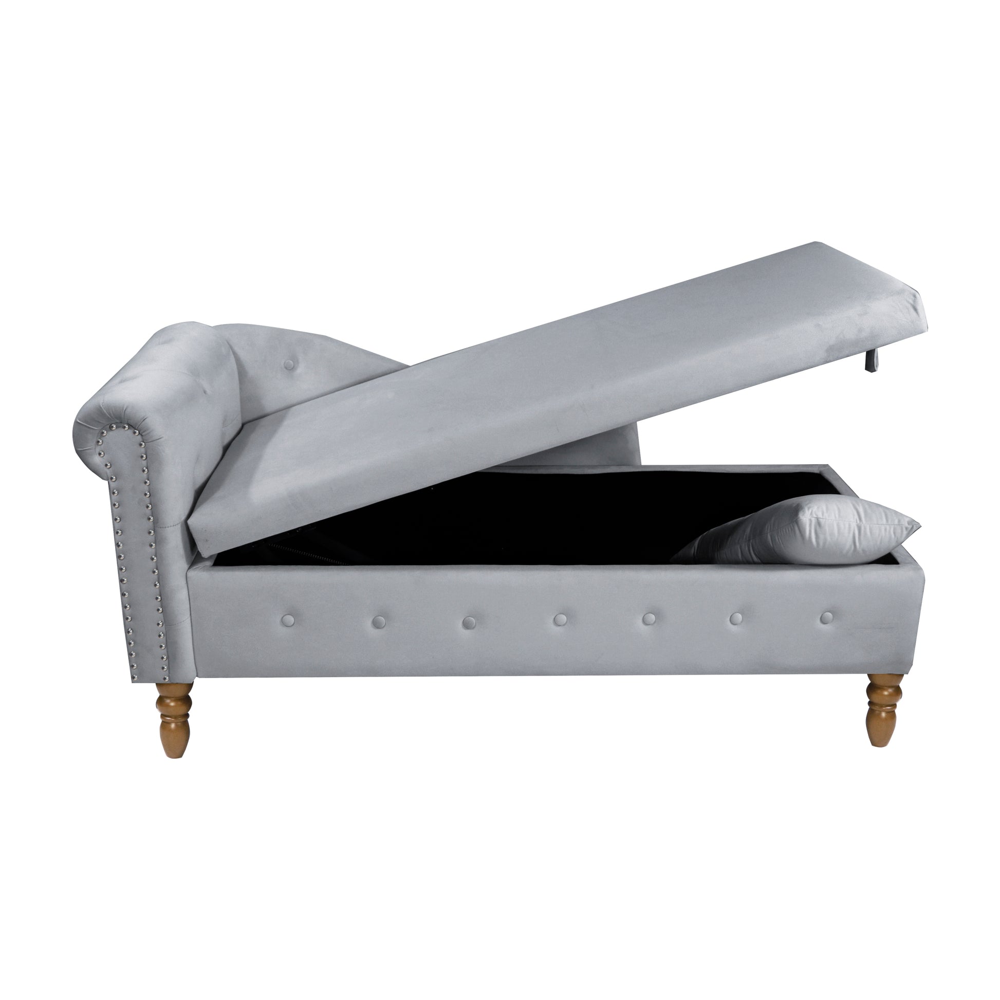 Grey Chaise Lounge Indoor,Velvet Lounge Chair For Bedroom With Storage & Pillow,Modern Upholstered Rolled Arm Chase Lounge For Sleeping With Trim For Living Room Bedroom Office Grey Velvet