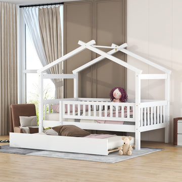 Twin Size Wooden House Bed With Twin Size Trundle, White Twin White Solid Wood Mdf