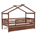 Twin Size Wooden House Bed With Twin Size Trundle, Walnut Twin Walnut Solid Wood Mdf