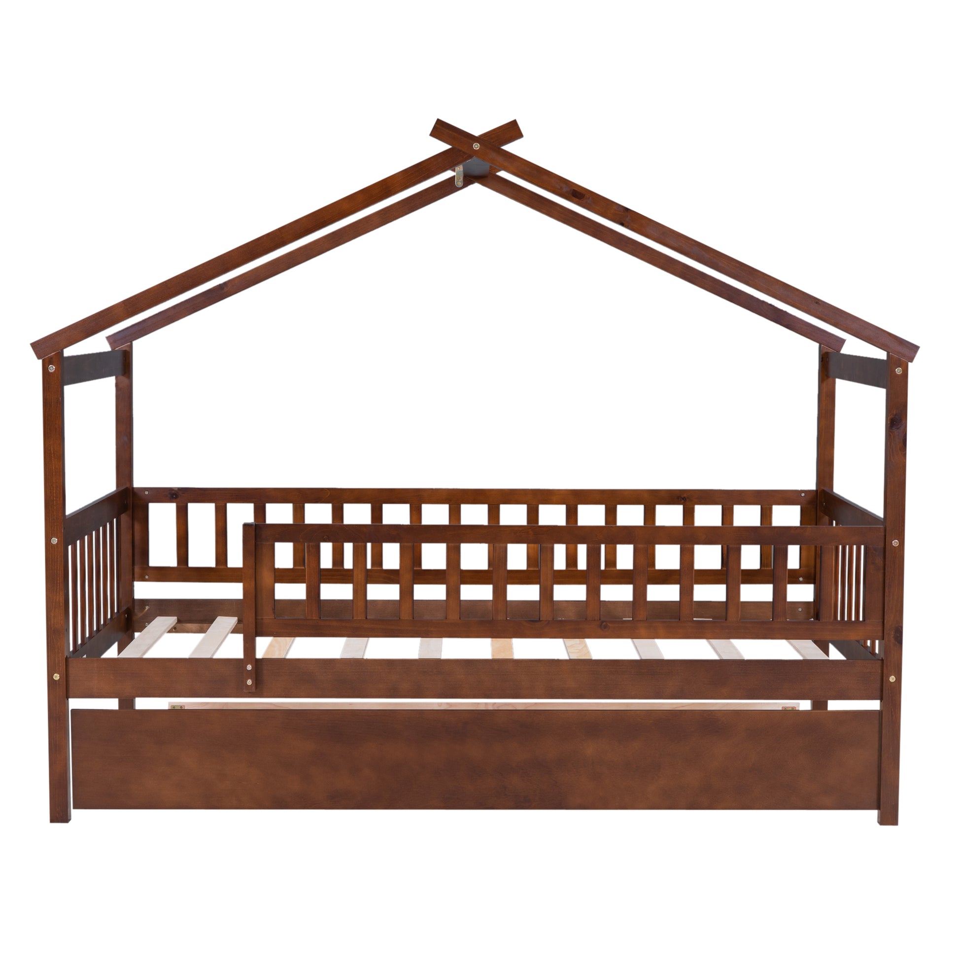 Twin Size Wooden House Bed With Twin Size Trundle, Walnut Twin Walnut Solid Wood Mdf