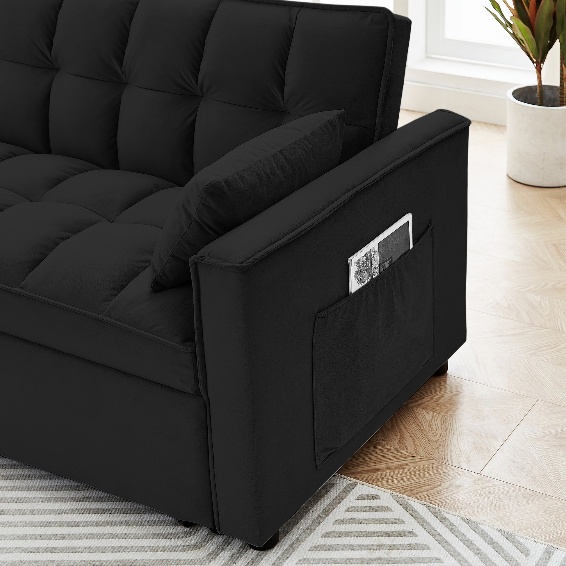 Sleeper Sofa Couch W Pull Out Bed, 55" Modern Velvet Convertible Sleeper Sofa Bed, Small Beautiful Seat Sofa Bed W Pillows & Side Pockets For Small Space, Living Room, Apartment,Black Black Velvet