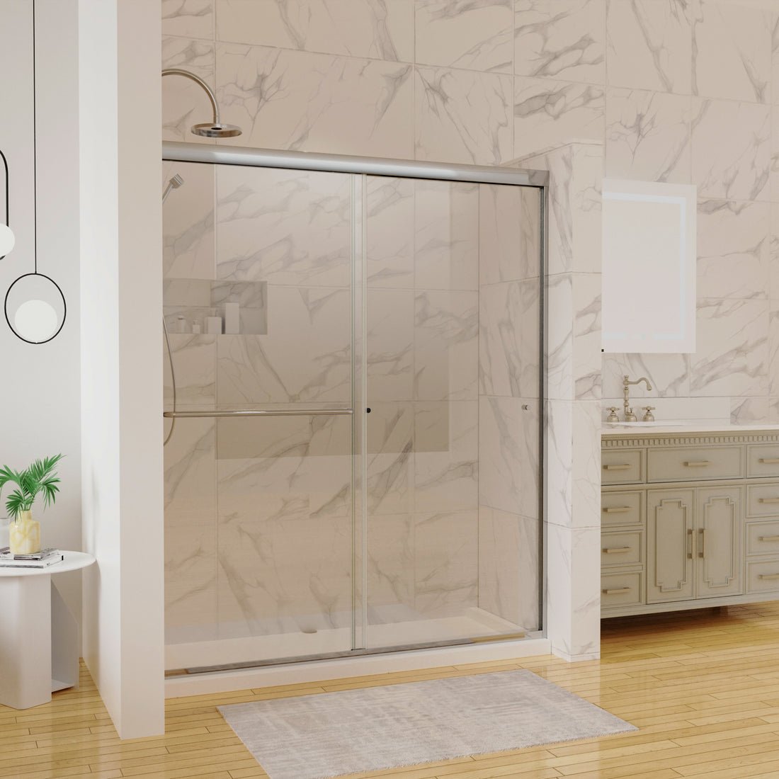 60 In. X 70 In. Traditional Sliding Shower Door In Chrome With Clear Glass Chrome Glass