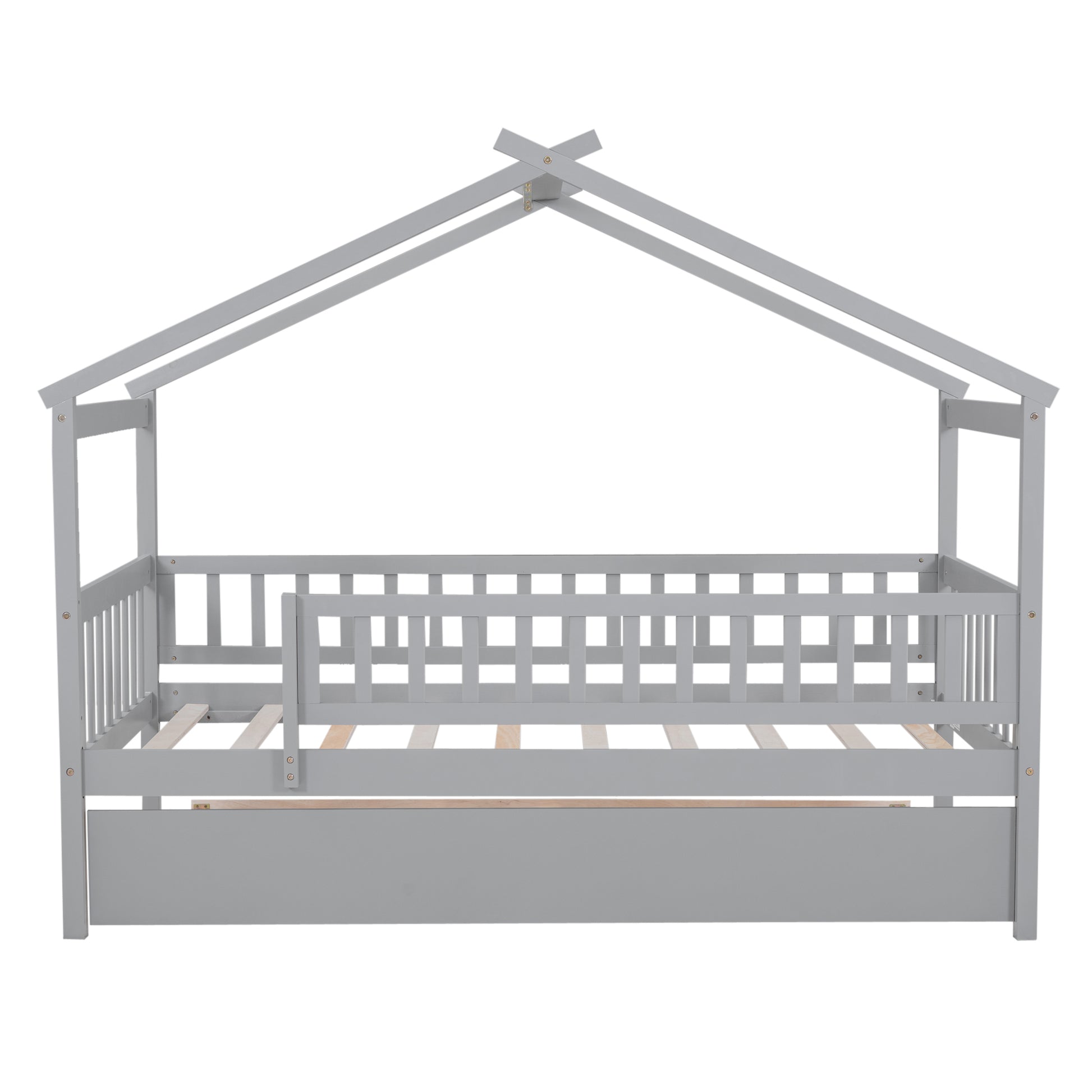 Twin Size Wooden House Bed With Twin Size Trundle, Gray Twin Gray Solid Wood Mdf