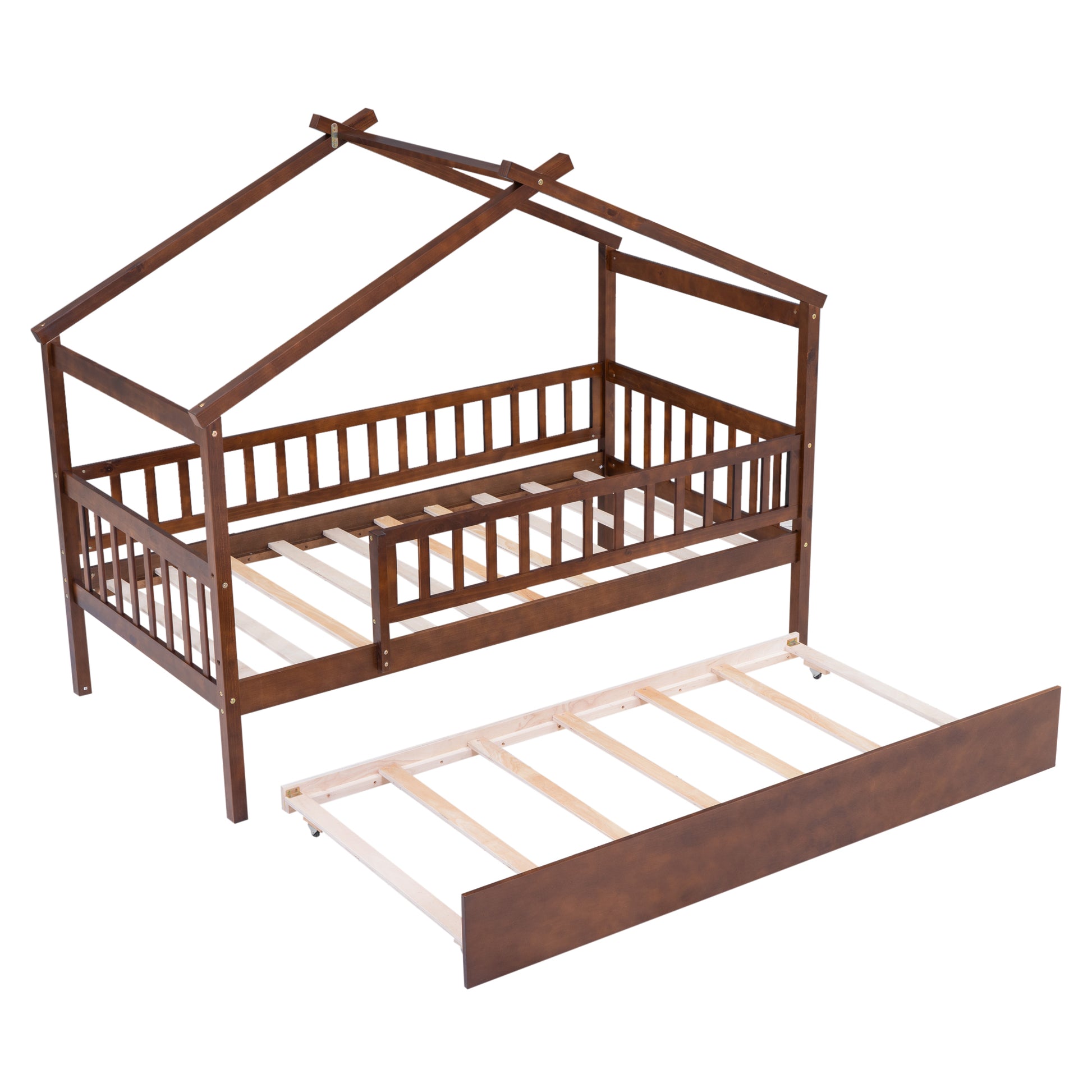 Twin Size Wooden House Bed With Twin Size Trundle, Walnut Twin Walnut Solid Wood Mdf