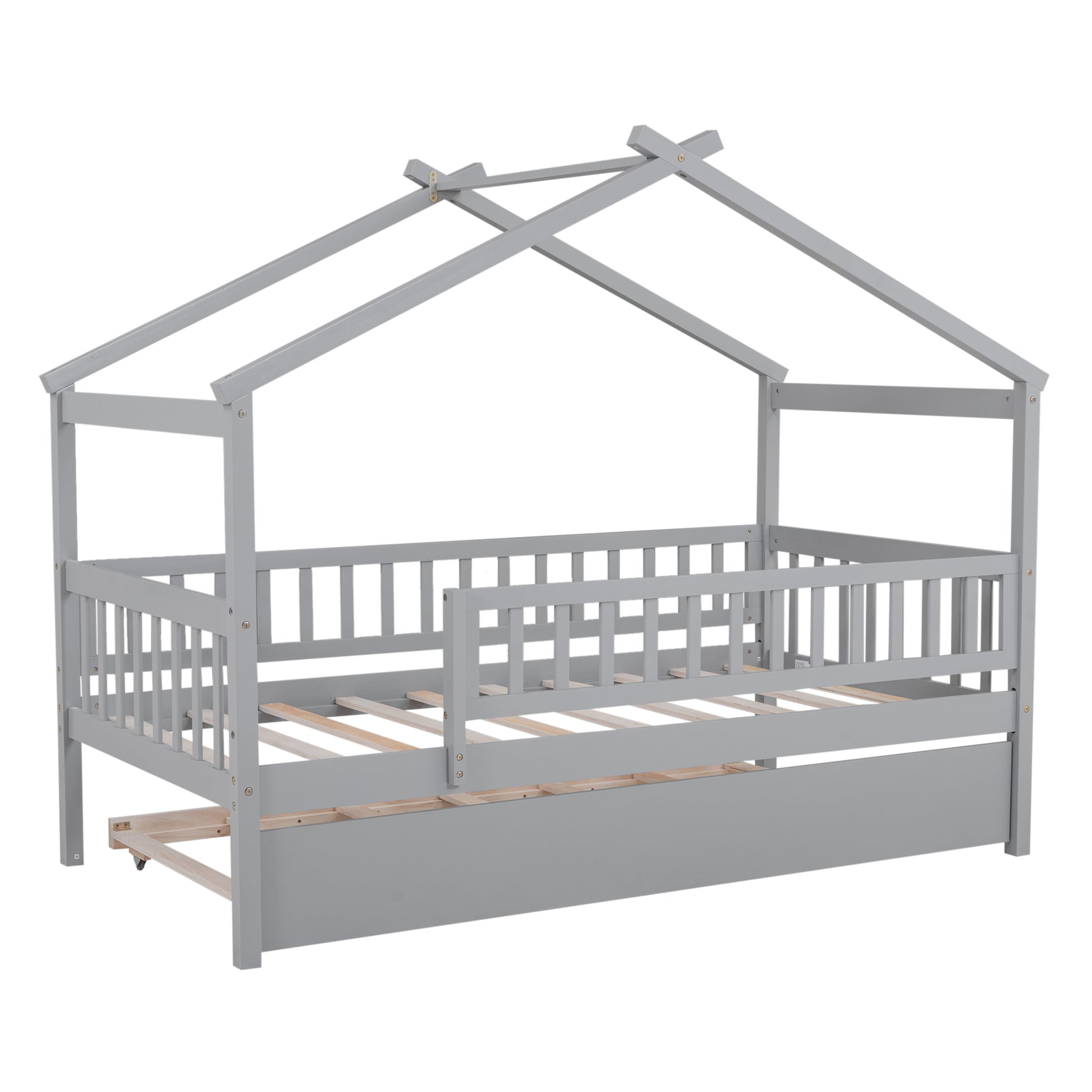 Twin Size Wooden House Bed With Twin Size Trundle, Gray Twin Gray Solid Wood Mdf