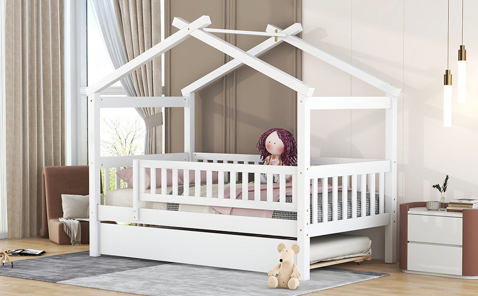 Twin Size Wooden House Bed With Twin Size Trundle, White Twin White Solid Wood Mdf