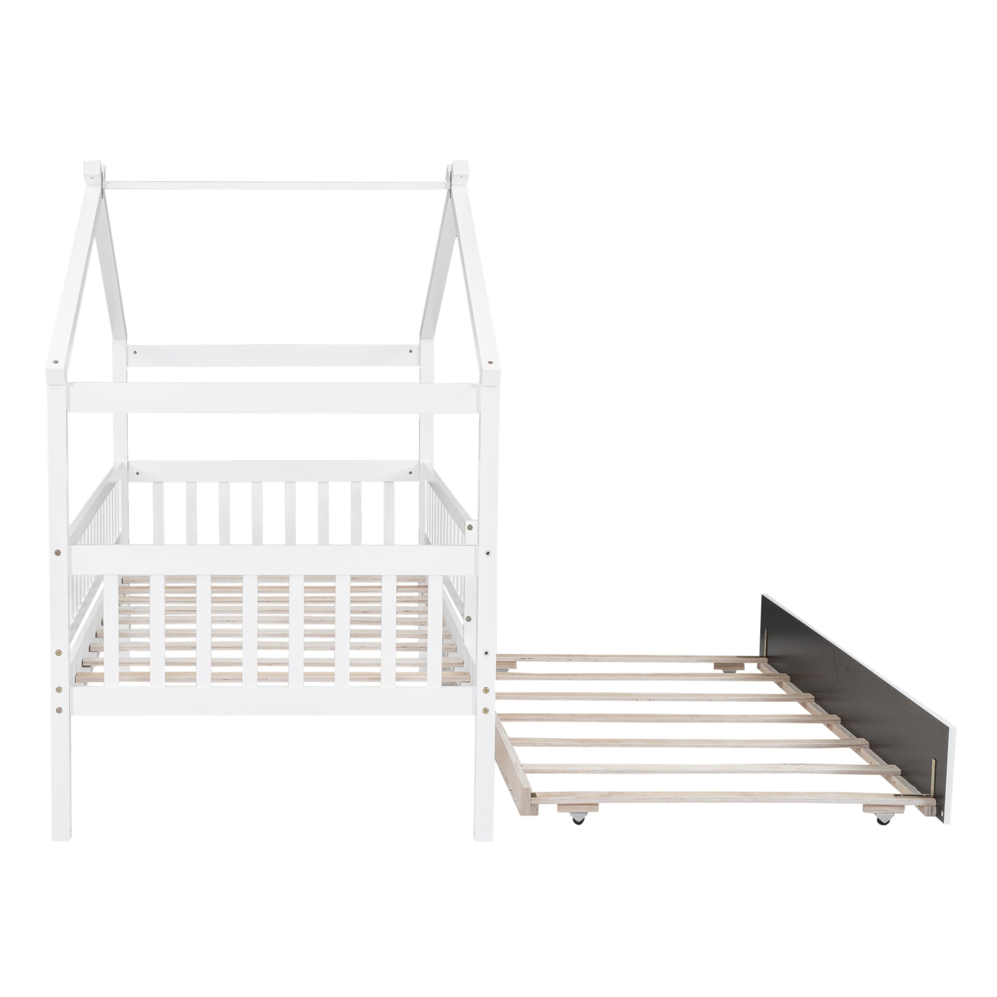 Twin Size Wooden House Bed With Twin Size Trundle, White Twin White Solid Wood Mdf