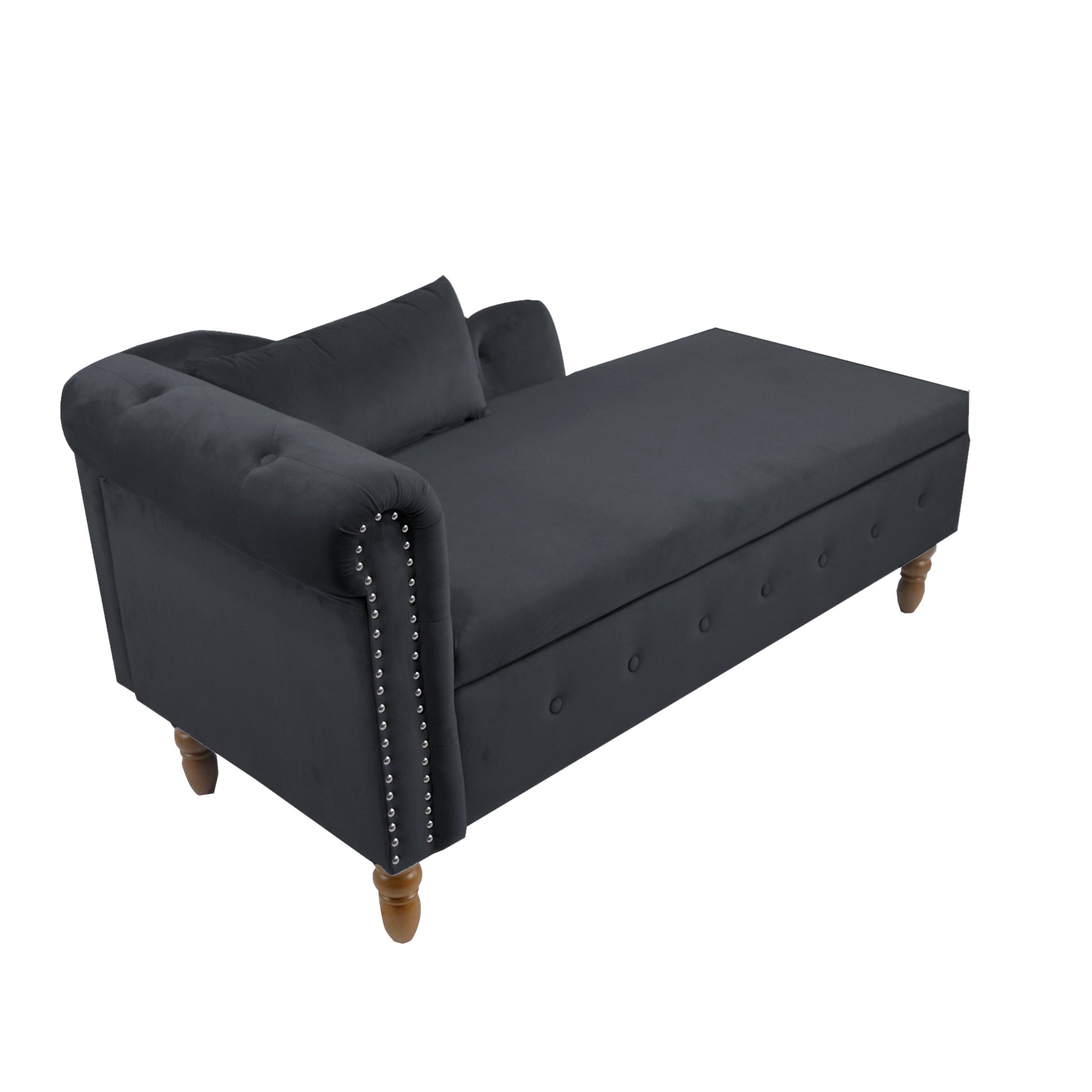 Black Chaise Lounge Indoor,Velvet Lounge Chair For Bedroom With Storage & Pillow,Modern Upholstered Rolled Arm Chase Lounge For Sleeping With Trim For Living Room Bedroom Office Black Velvet