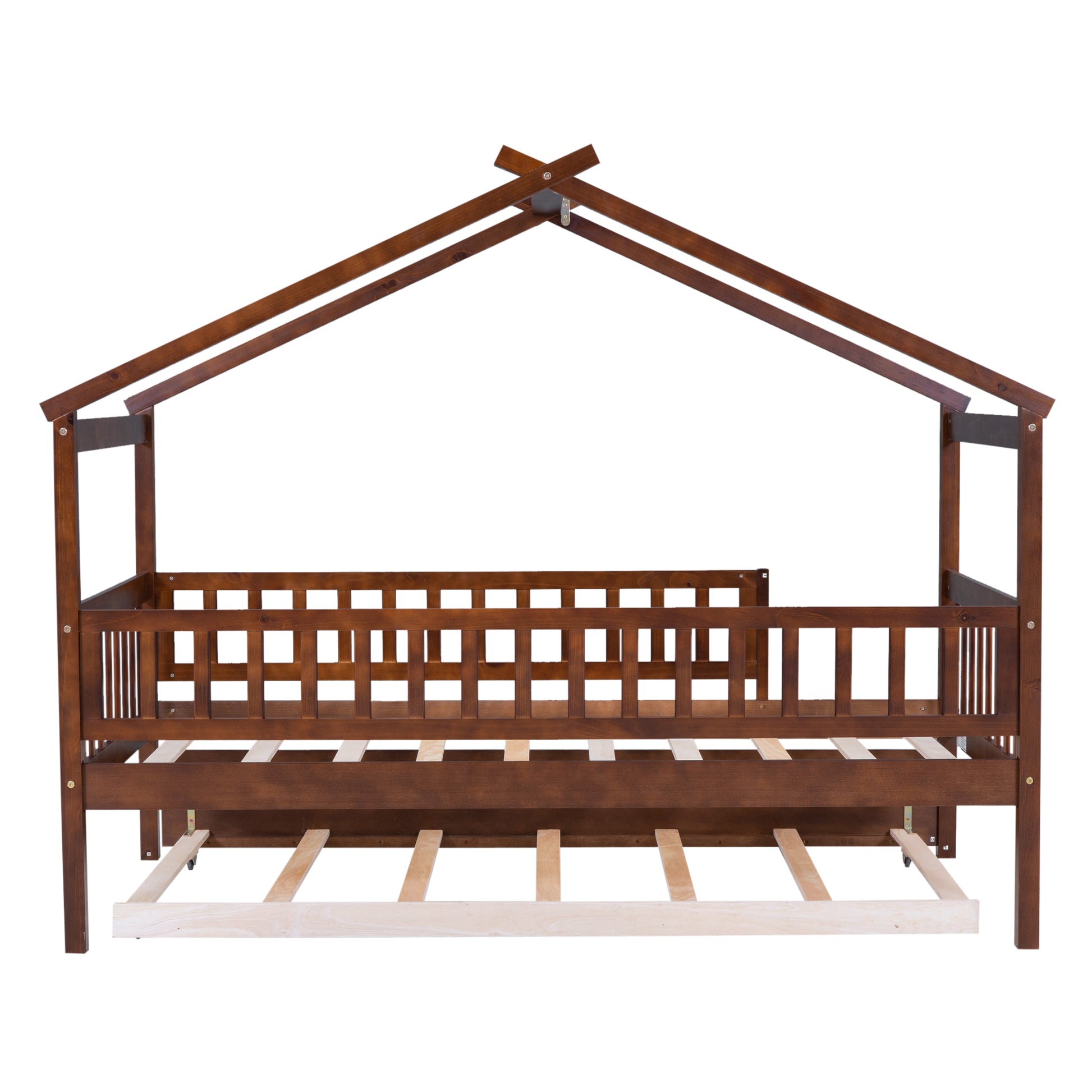 Twin Size Wooden House Bed With Twin Size Trundle, Walnut Twin Walnut Solid Wood Mdf