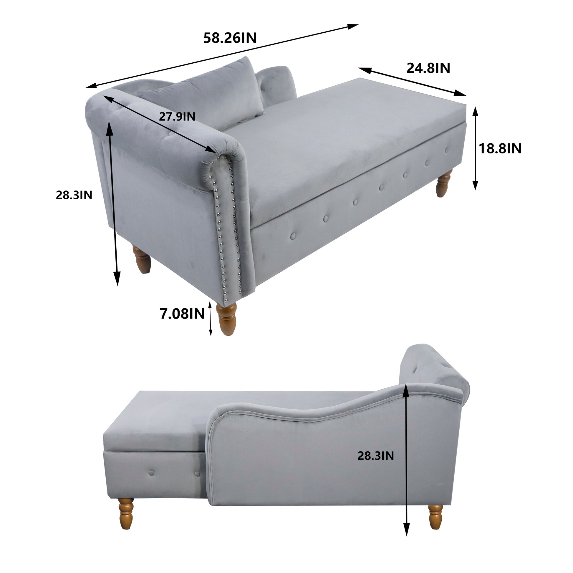 Grey Chaise Lounge Indoor,Velvet Lounge Chair For Bedroom With Storage & Pillow,Modern Upholstered Rolled Arm Chase Lounge For Sleeping With Trim For Living Room Bedroom Office Grey Velvet