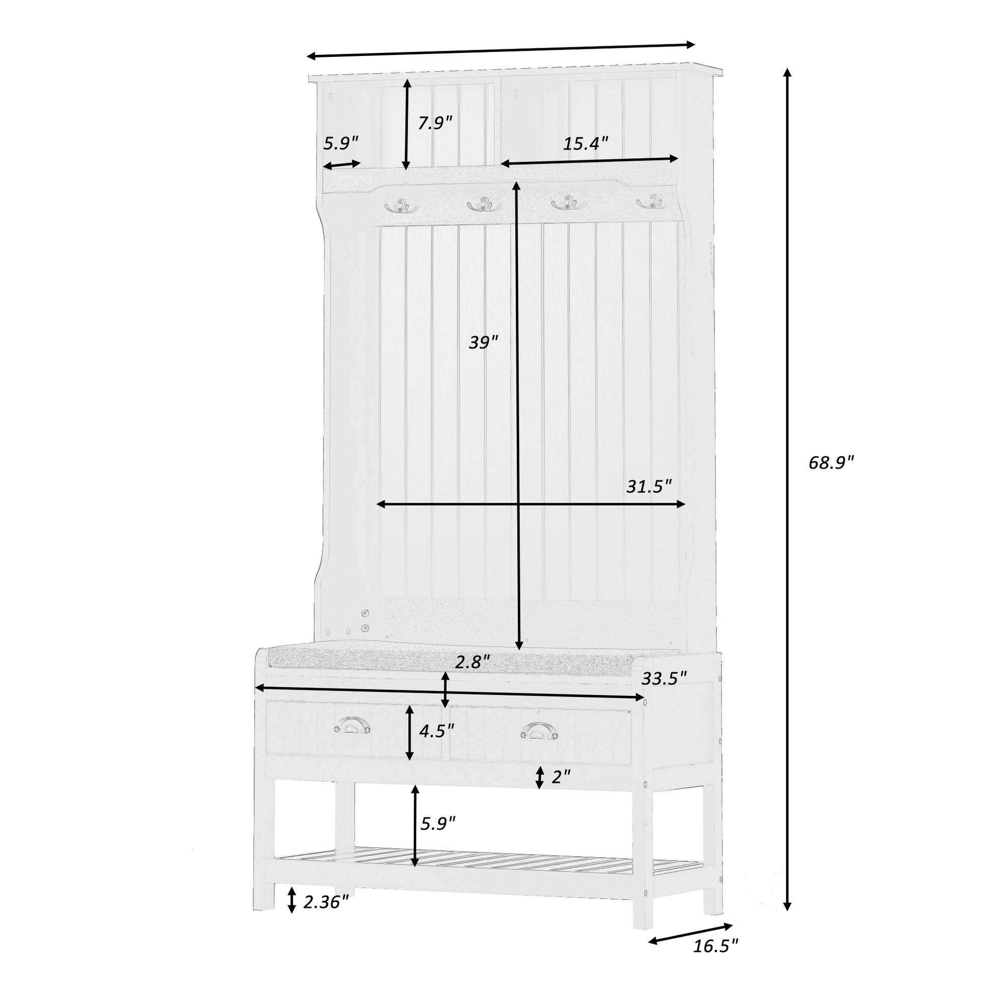 Hall Tree With 4 Hooks And Hinged Lid, Coat Hanger, Entryway Bench, Storage Bench, 3 In 1 Design, 69Inch, For Entrance, Hallway Black Particle Board