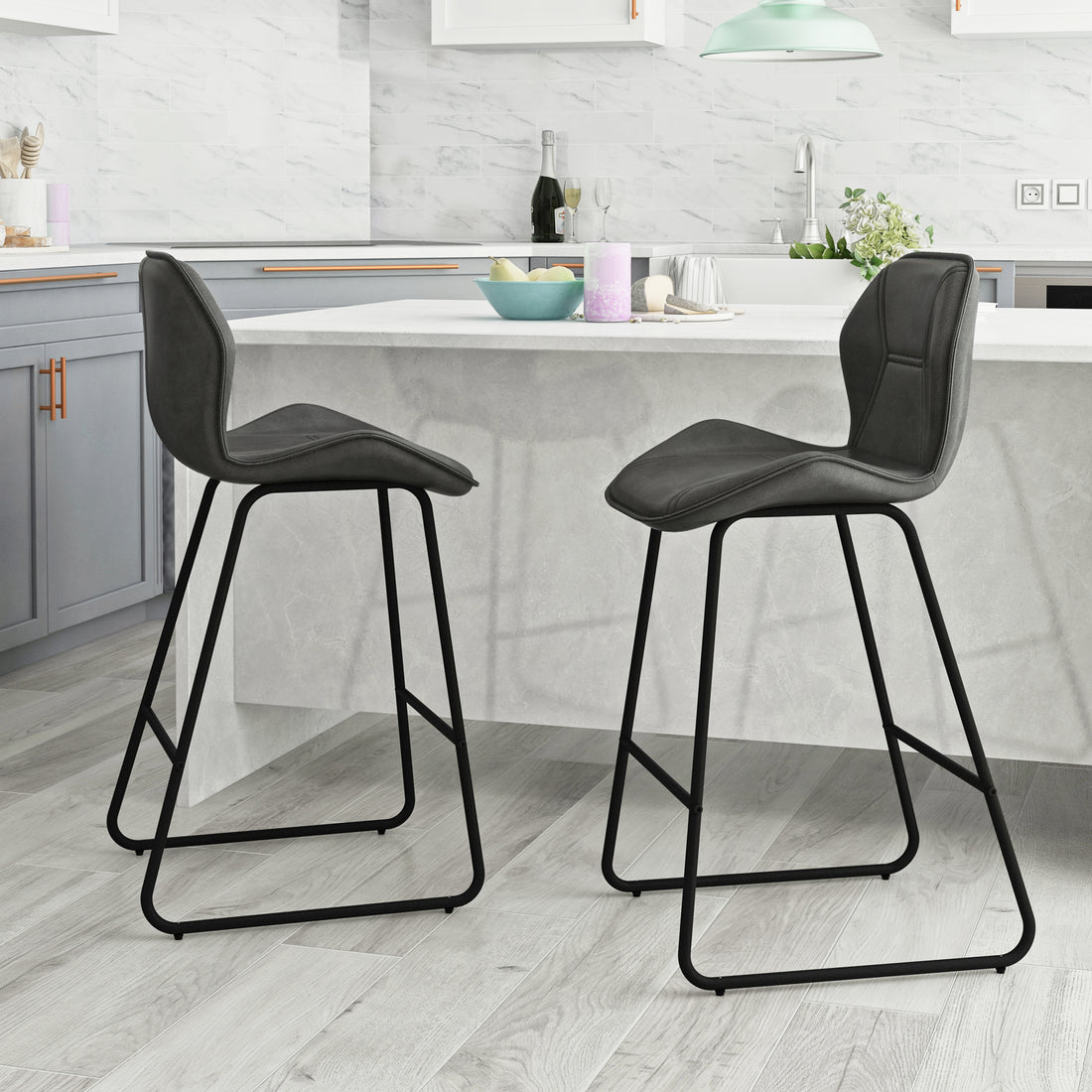 Set Of 2, Leather Bar Chair With High Density Sponge, Pu Chair Counter Height Pub Kitchen Stools For Dining Room,Homes,Bars, Kitchens,Gray Gray Pu