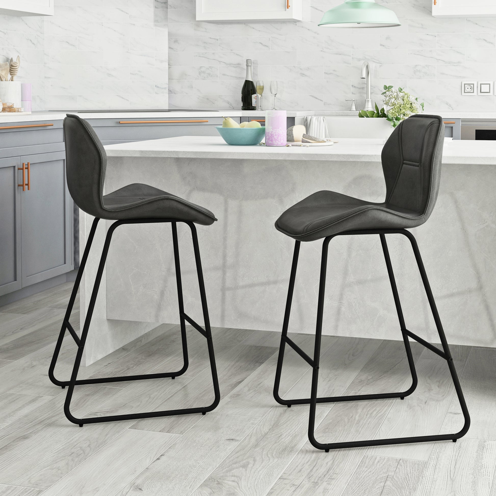 Set Of 2, Leather Bar Chair With High Density Sponge, Pu Chair Counter Height Pub Kitchen Stools For Dining Room,Homes,Bars, Kitchens,Gray Gray Pu