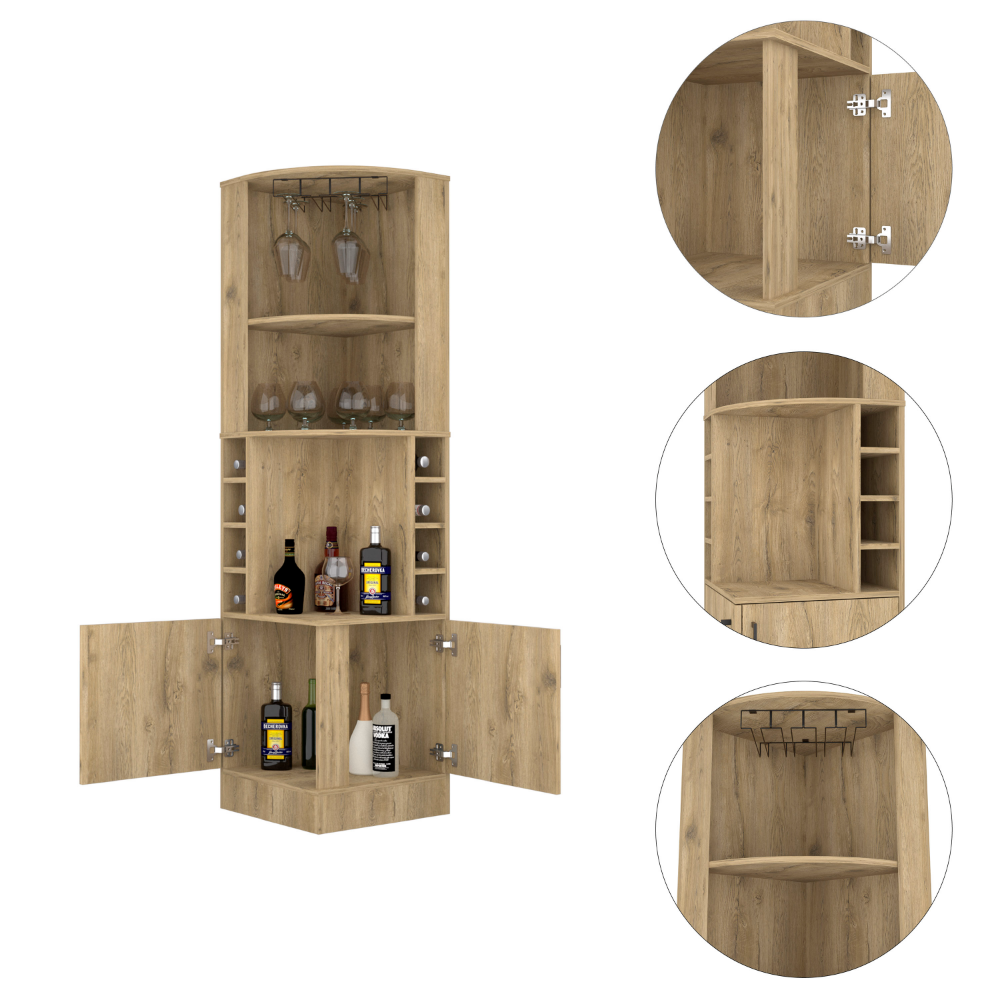 Syrah Corner Bar Cabinet, Eight Bottle Cubbies, Double Door, Two Open Shelves Old Pine Particle Board