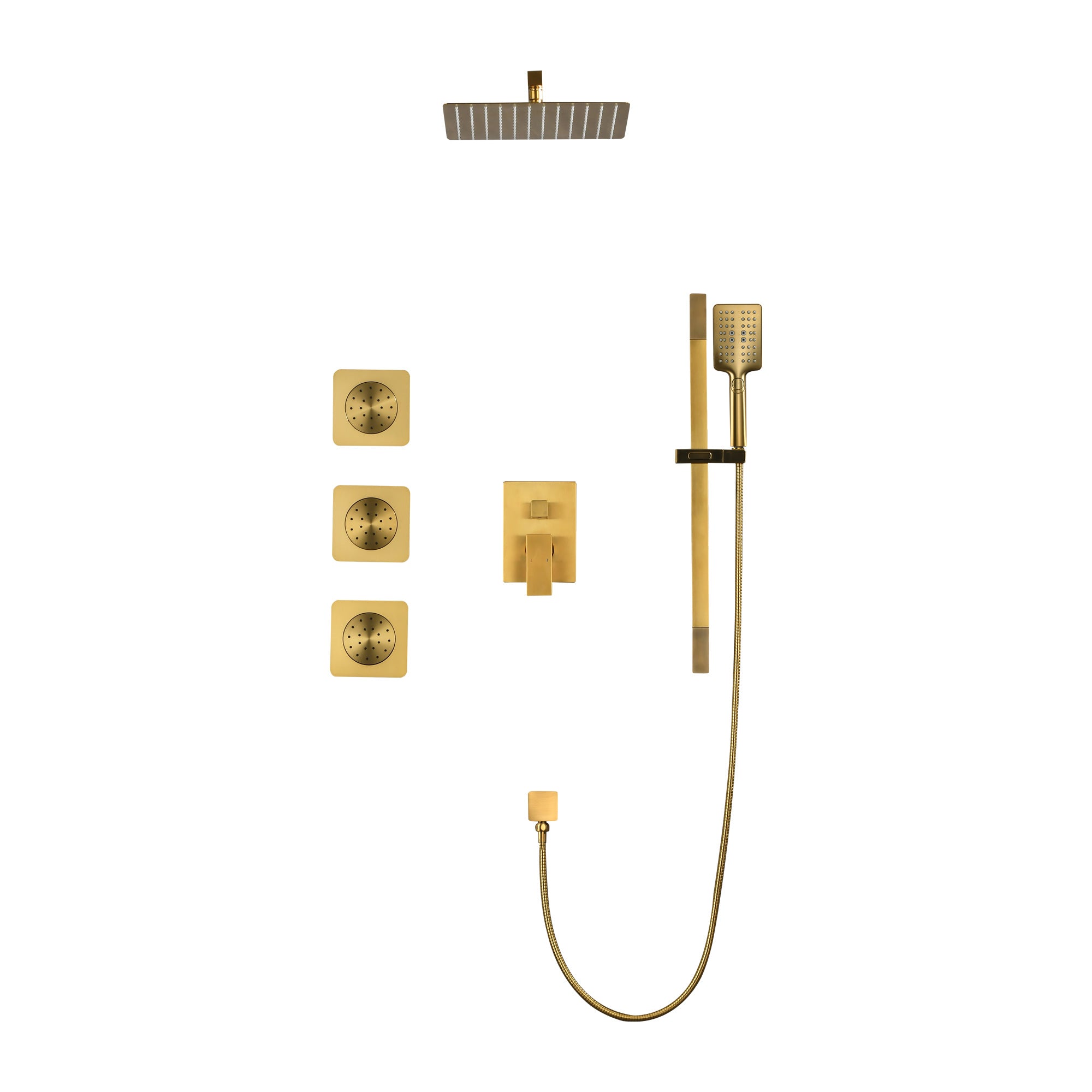 Shower System With Shower Head, Hand Shower, Slide Bar, Bodysprays, Shower Arm, Hose, Valve Trim, And Lever Handles Gold Brass