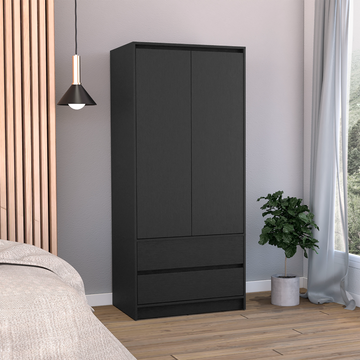 Austin 2 Drawers Armoire, Double Door, Hanging Rod Black Black Bedroom Modern Particle Board Particle Board