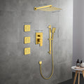 Shower System With Shower Head, Hand Shower, Slide Bar, Bodysprays, Shower Arm, Hose, Valve Trim, And Lever Handles Gold Brass