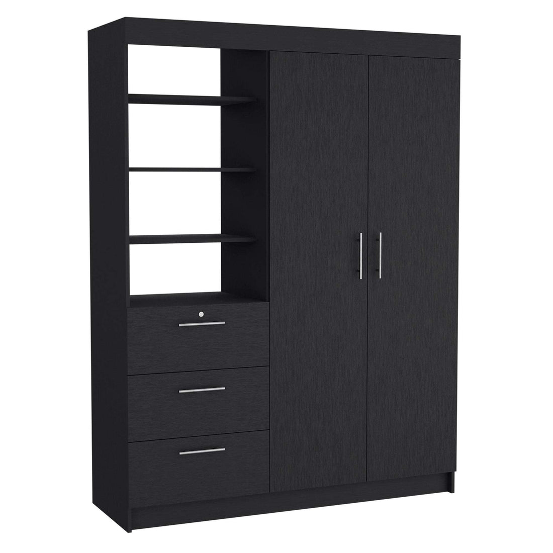 Kenya 3 Drawers Armoire, Double Door, 3 Tier Shelf Black Black Particle Board Particle Board