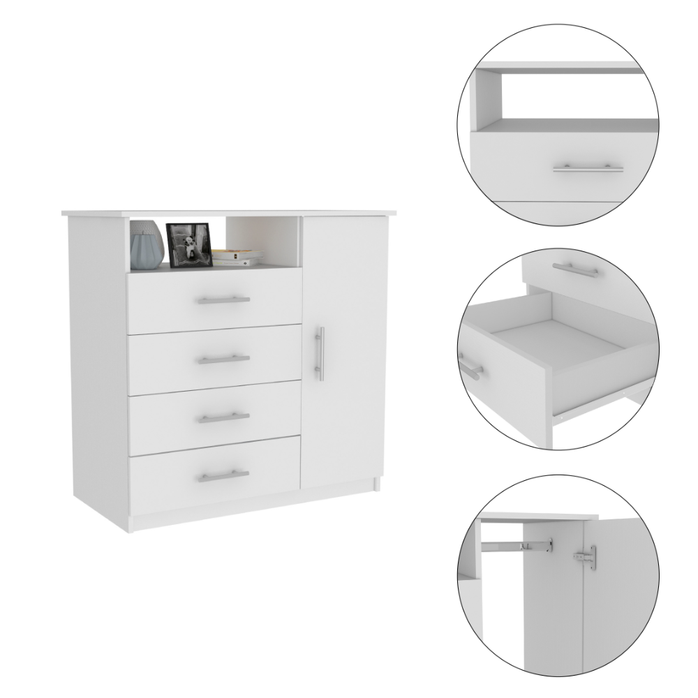 Peru 4 Drawer Dresser, Single Door Cabinet, One Open Shelf, Superior Top White White Bedroom Modern Particle Board Particle Board