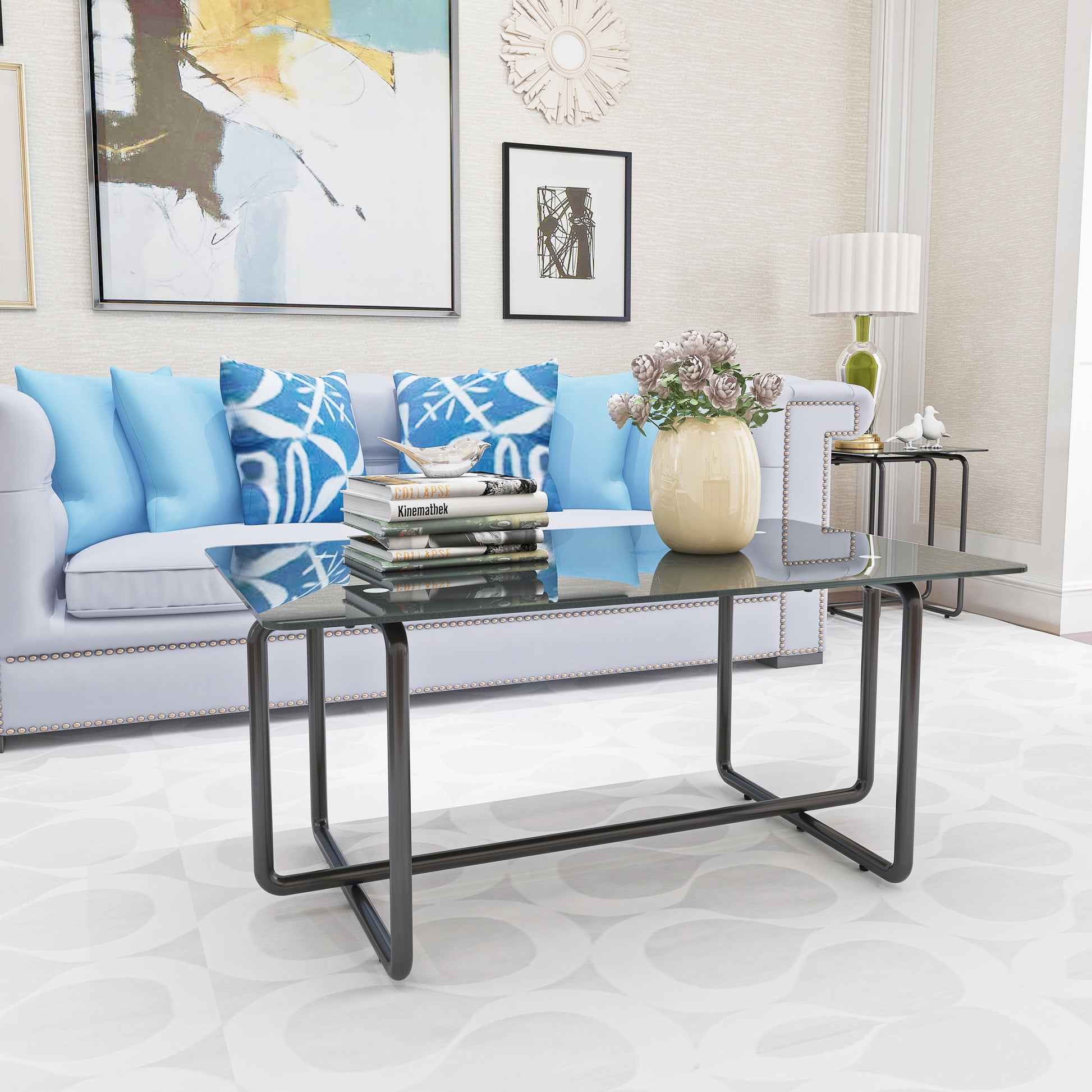 Modern Tempered Glass Tea Table Coffee Table, Table For Living Room,Black Black Tempered Glass