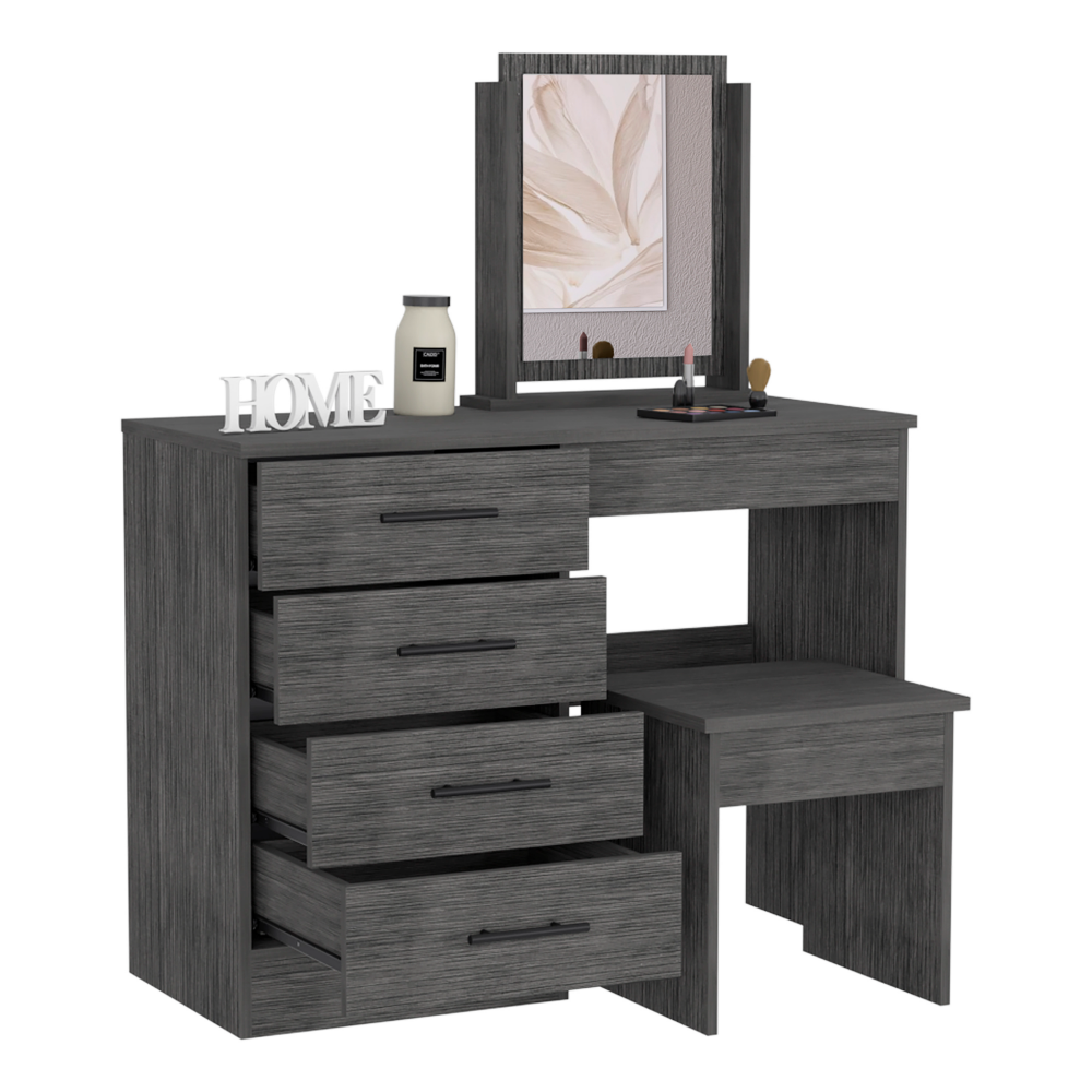 Kaia Makeup Vanity, Four Drawers, One Mirror, Stool Smokey Oak Gray 4 Drawers Bedroom Shelf Modern Particle Board Particle Board