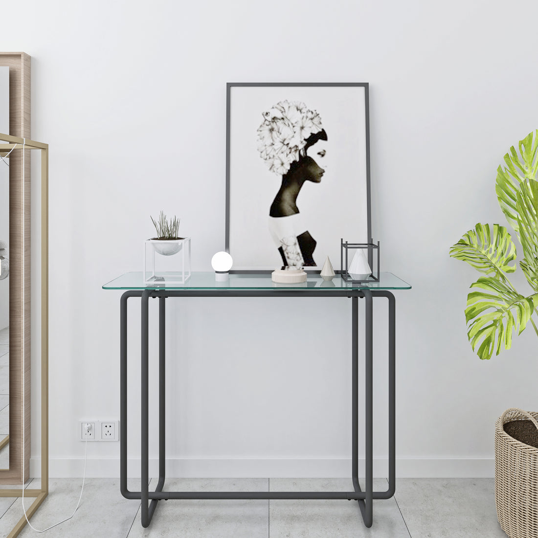 Console Table Single Layer Tempered Glass Rectangular Porch Table Black Leg Double Tempered Glass Tea Table,Transparent Transparent Tempered Glass