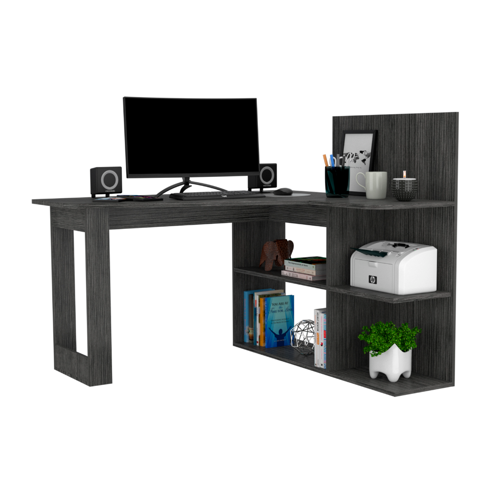 Masai Writing Computer Desk, Five Open Shelves Smokey Oak Gray Computer Desk Office Modern Freestanding Rectangular Desk Rectangular Particle Board Particle Board