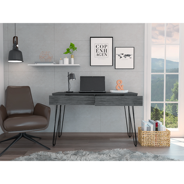 Mumbai Writing Desk, Four Legs, Two Drawers Smokey Oak Gray Computer Desk Office Modern Freestanding Rectangular Desk Rectangular Particle Board Particle Board