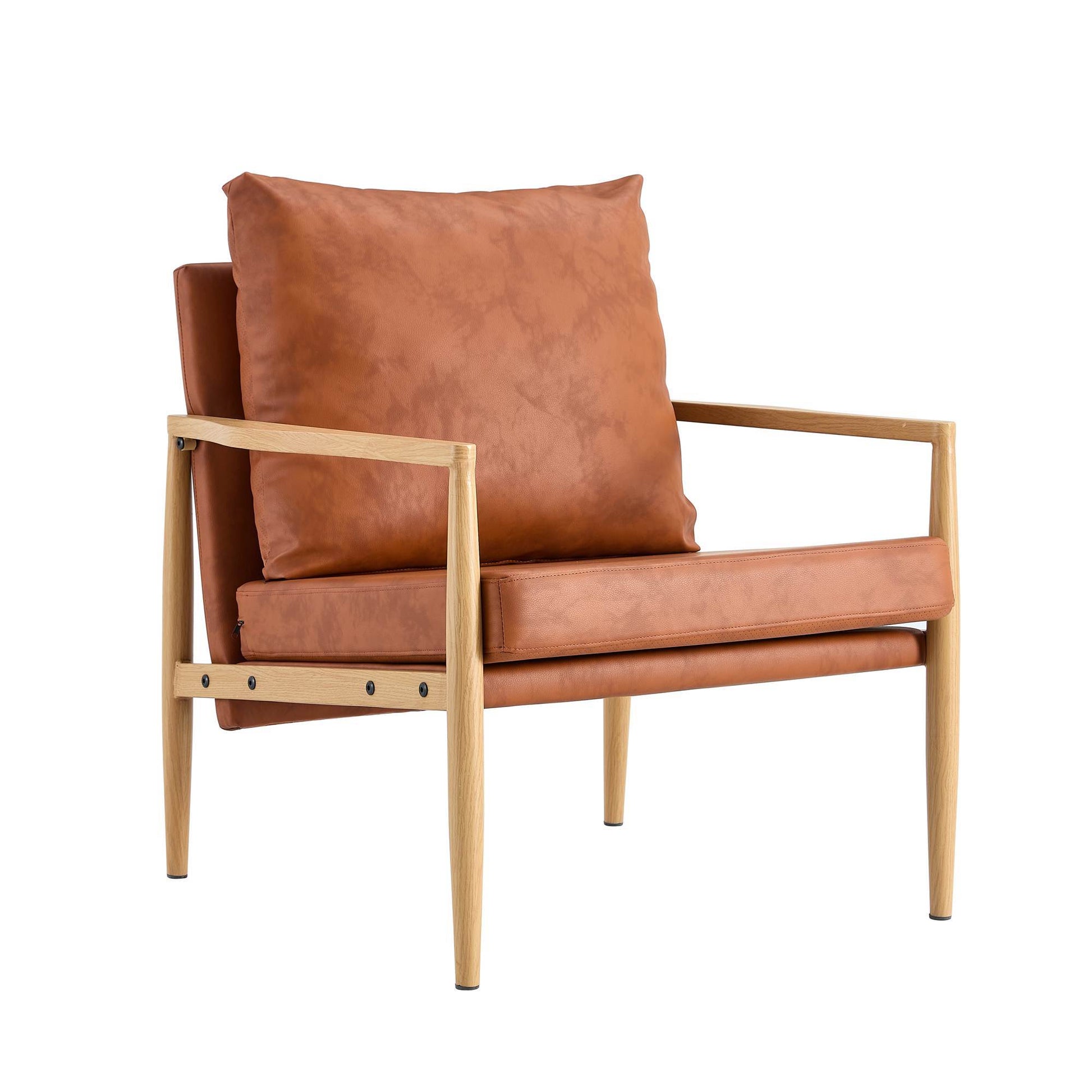 Pu Leather Accent Arm Chair Mid Century Modern Upholstered Armchair With Imitation Solid Wood Color Metal Frame Extra Thick Padded Backrest And Seat Cushion Sofa Chairs For Living Room Sf 010 Brown Foam Pu